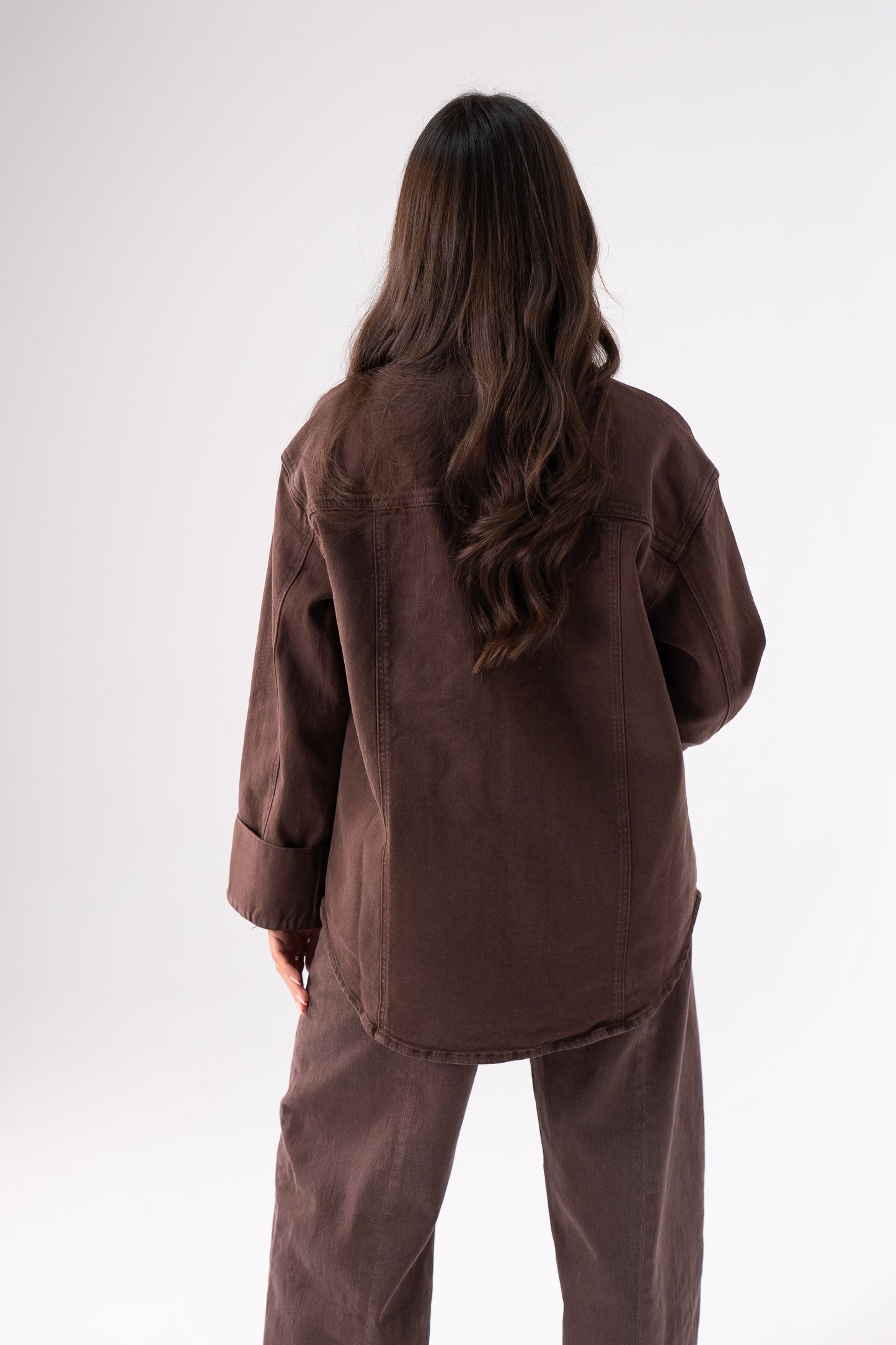 Love Laura Denim Shacket In Chocolate