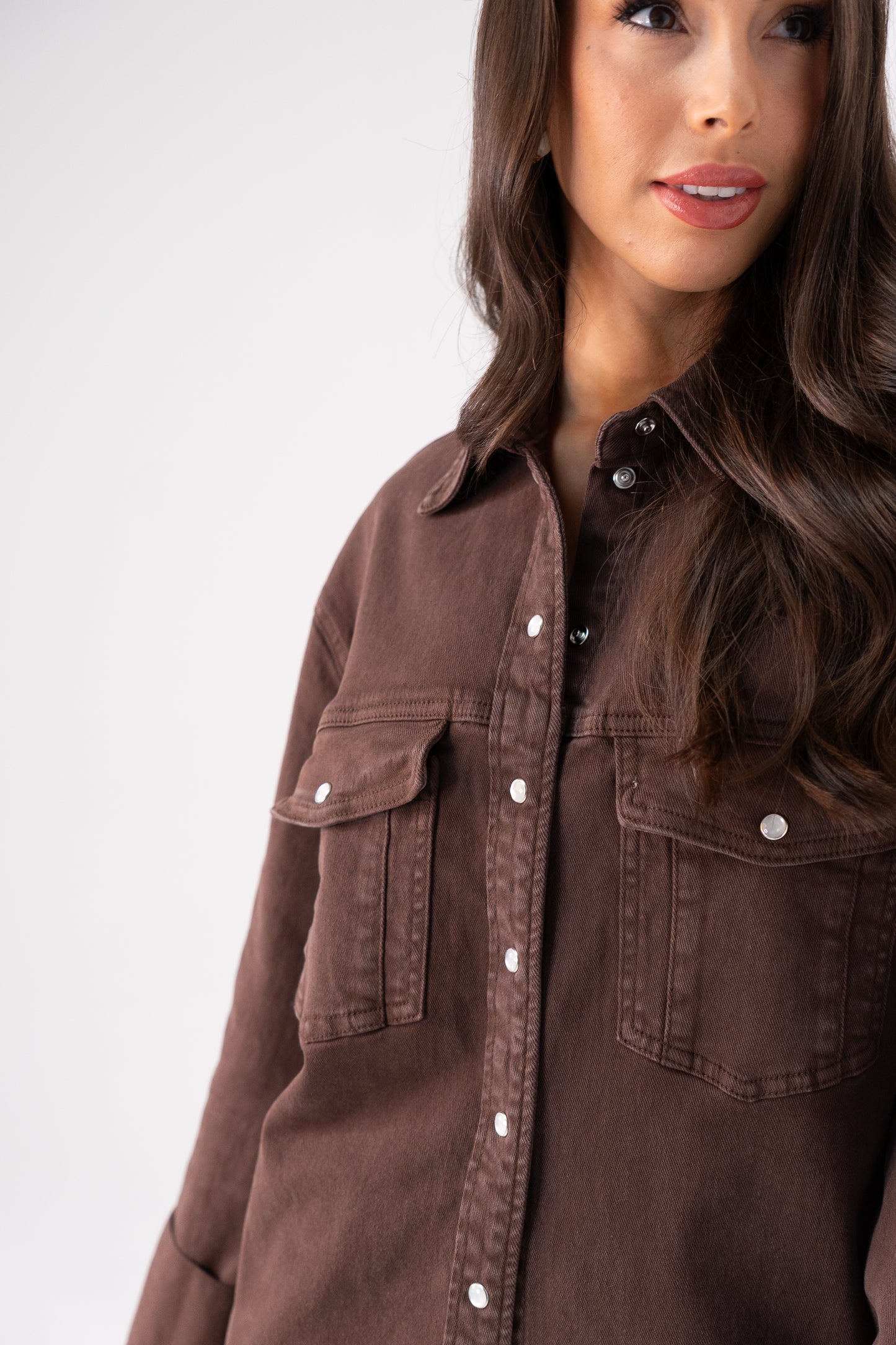 Love Laura Denim Shacket In Chocolate