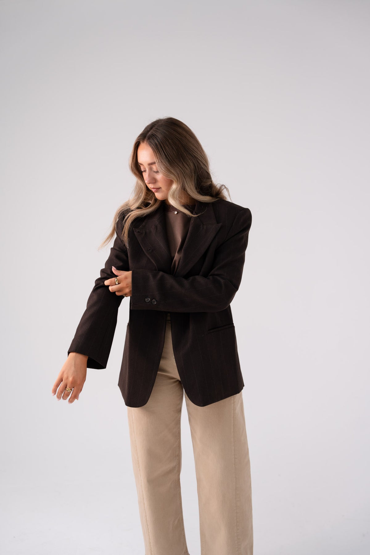 Love Laura Pinstripe Mandarin Collar Blazer In Chocolate