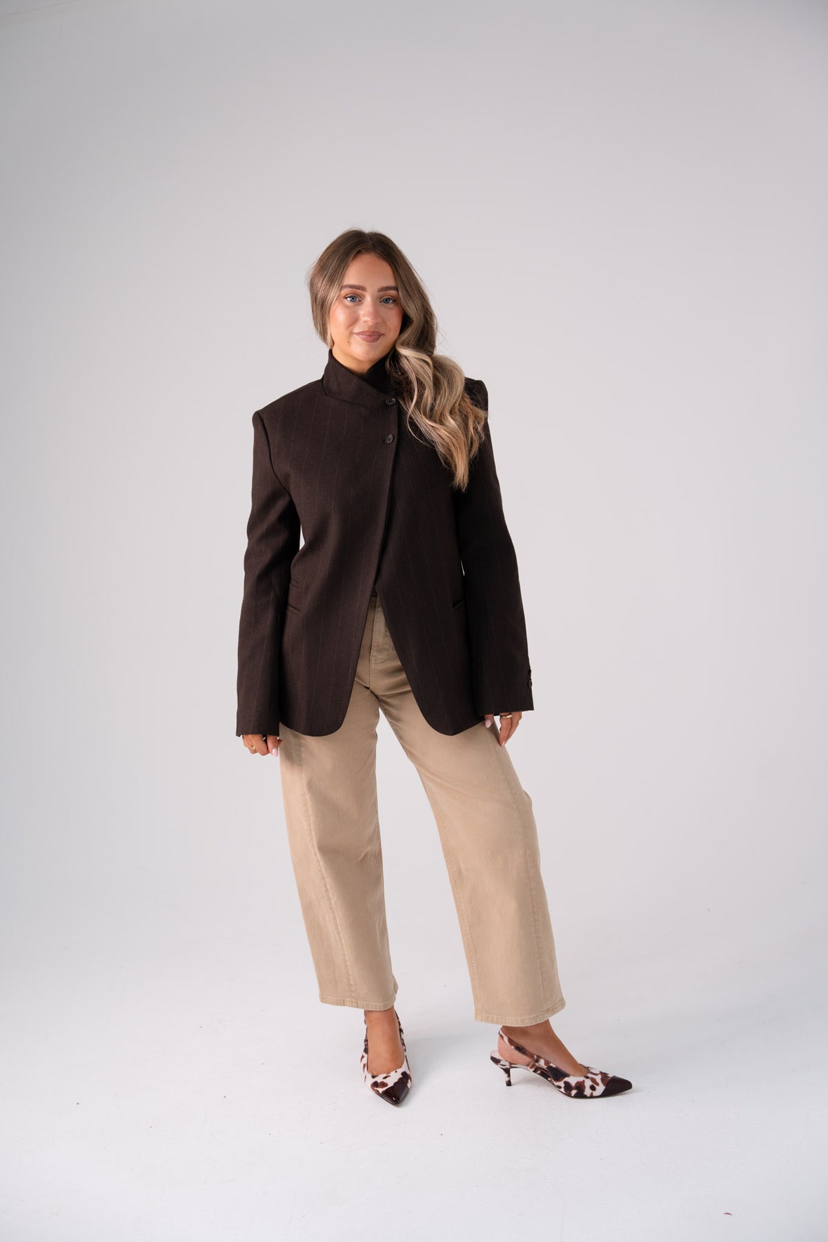 Love Laura Pinstripe Mandarin Collar Blazer In Chocolate