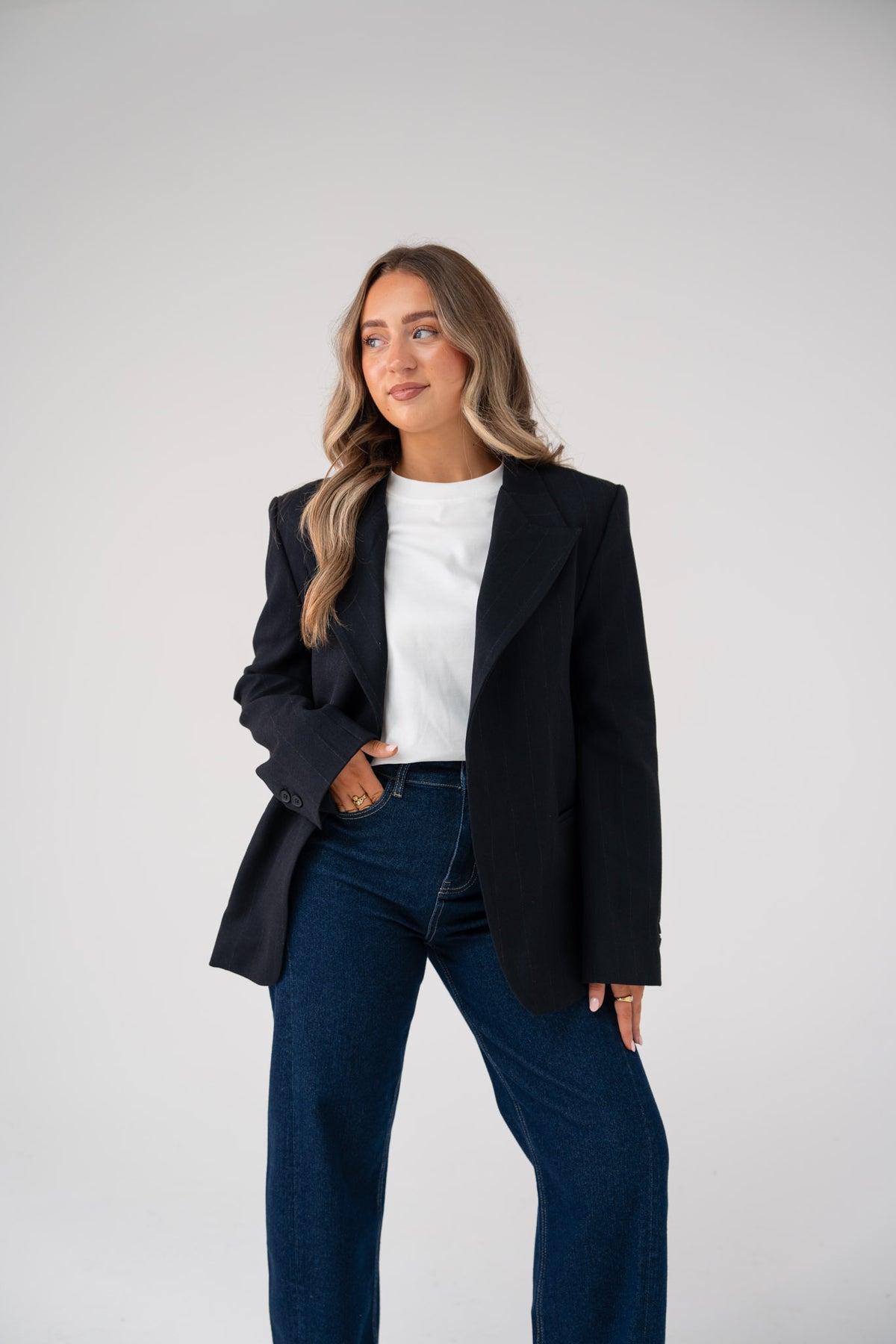 Love Laura Pinstripe Mandarin Collar Blazer In Navy