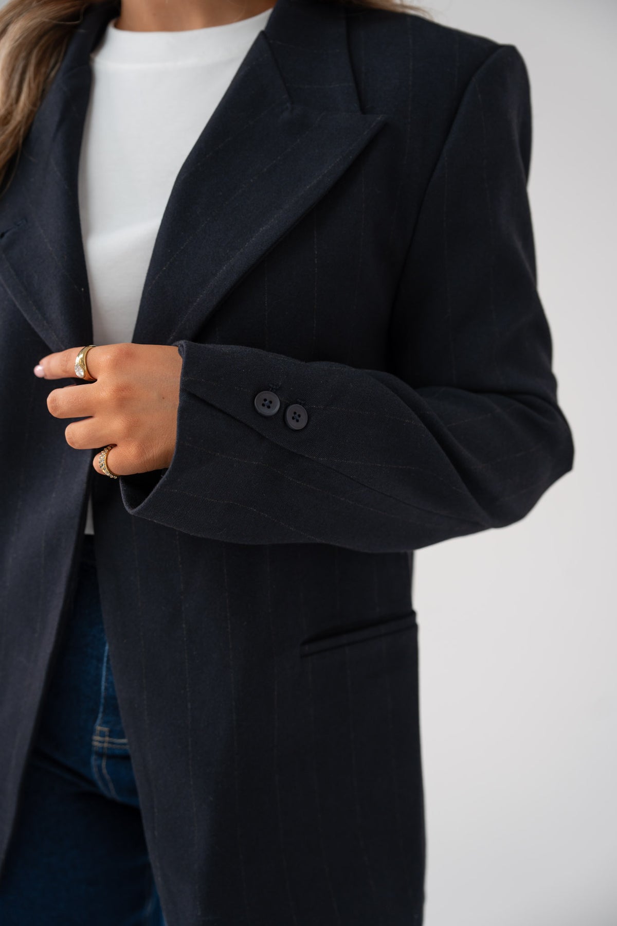 Love Laura Pinstripe Mandarin Collar Blazer In Navy