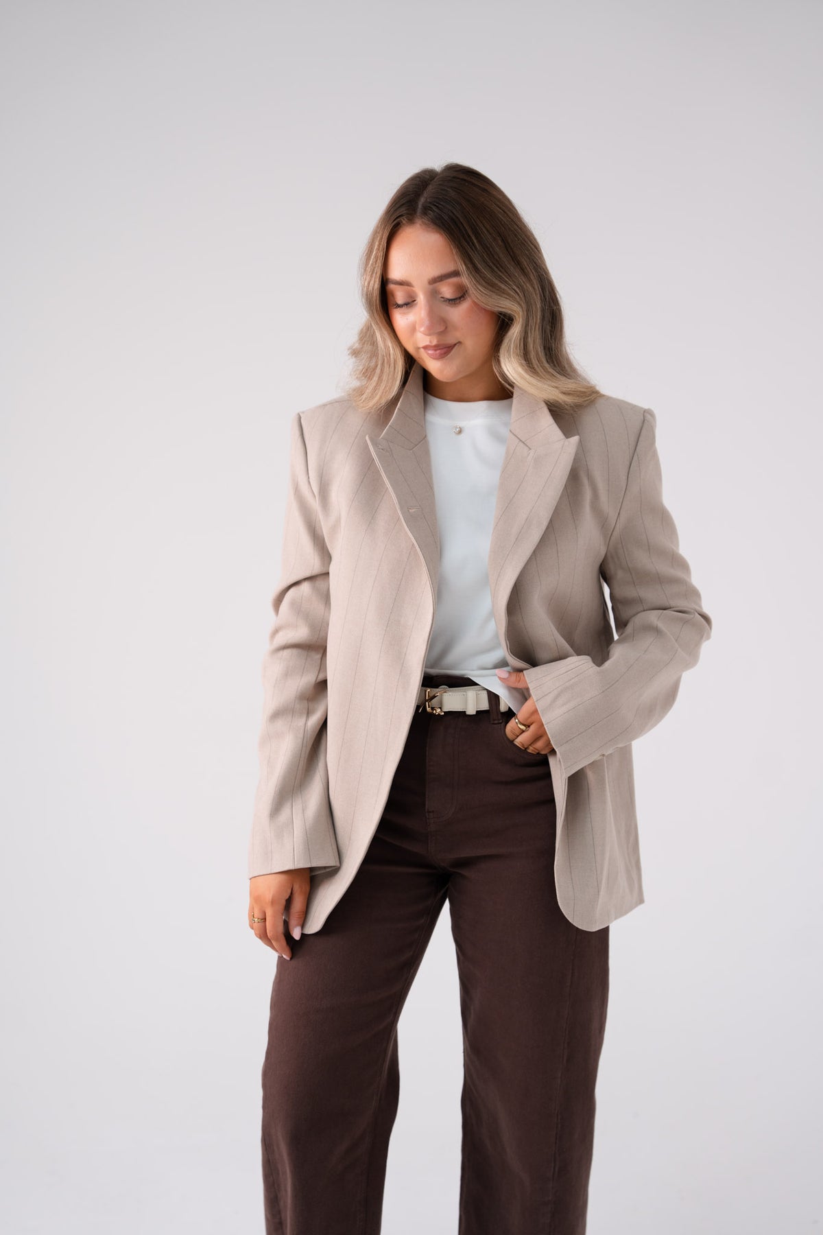 Love Laura Pinstripe Mandarin Collar Blazer In Sand