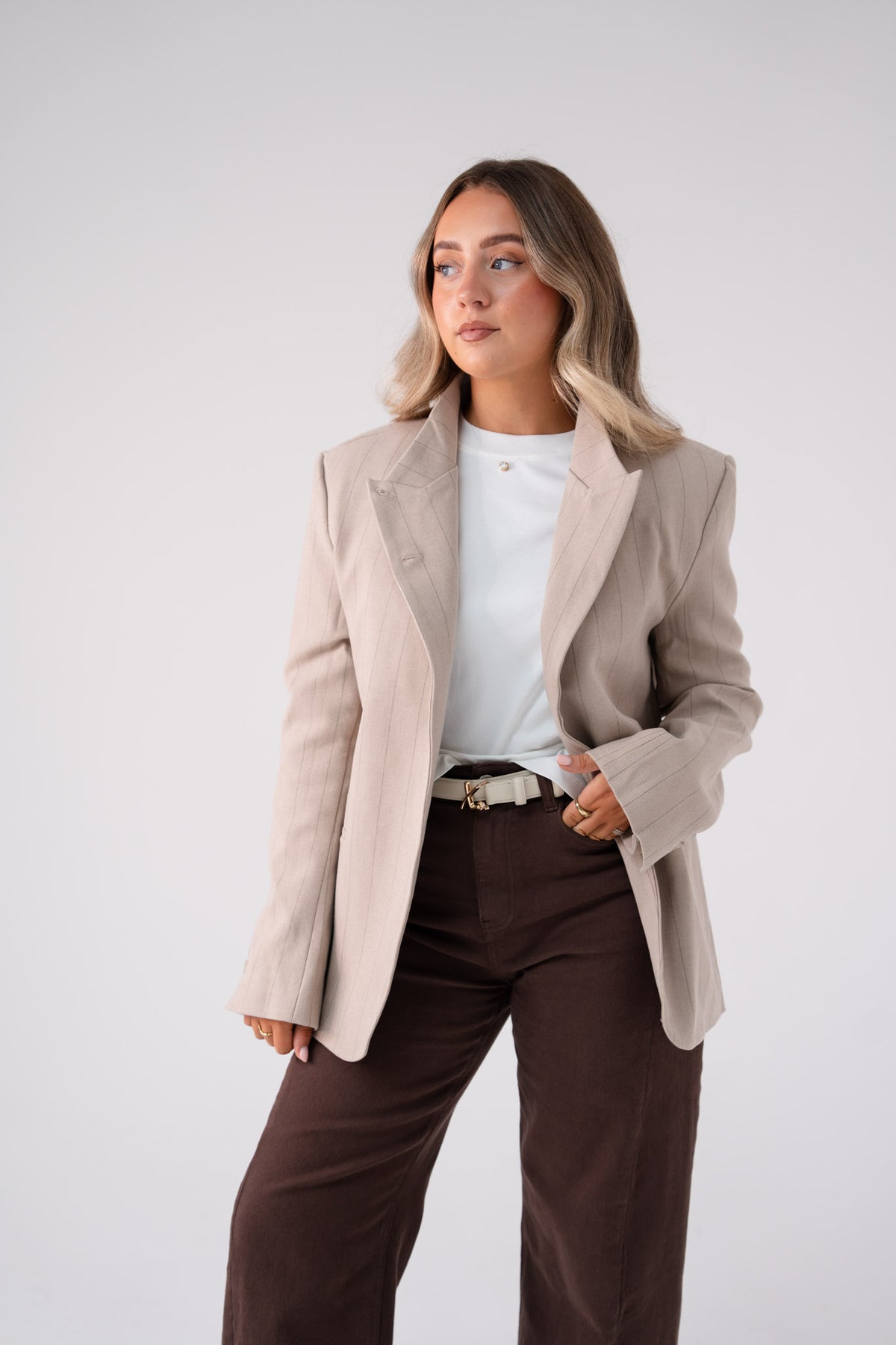Love Laura Pinstripe Mandarin Collar Blazer In Sand