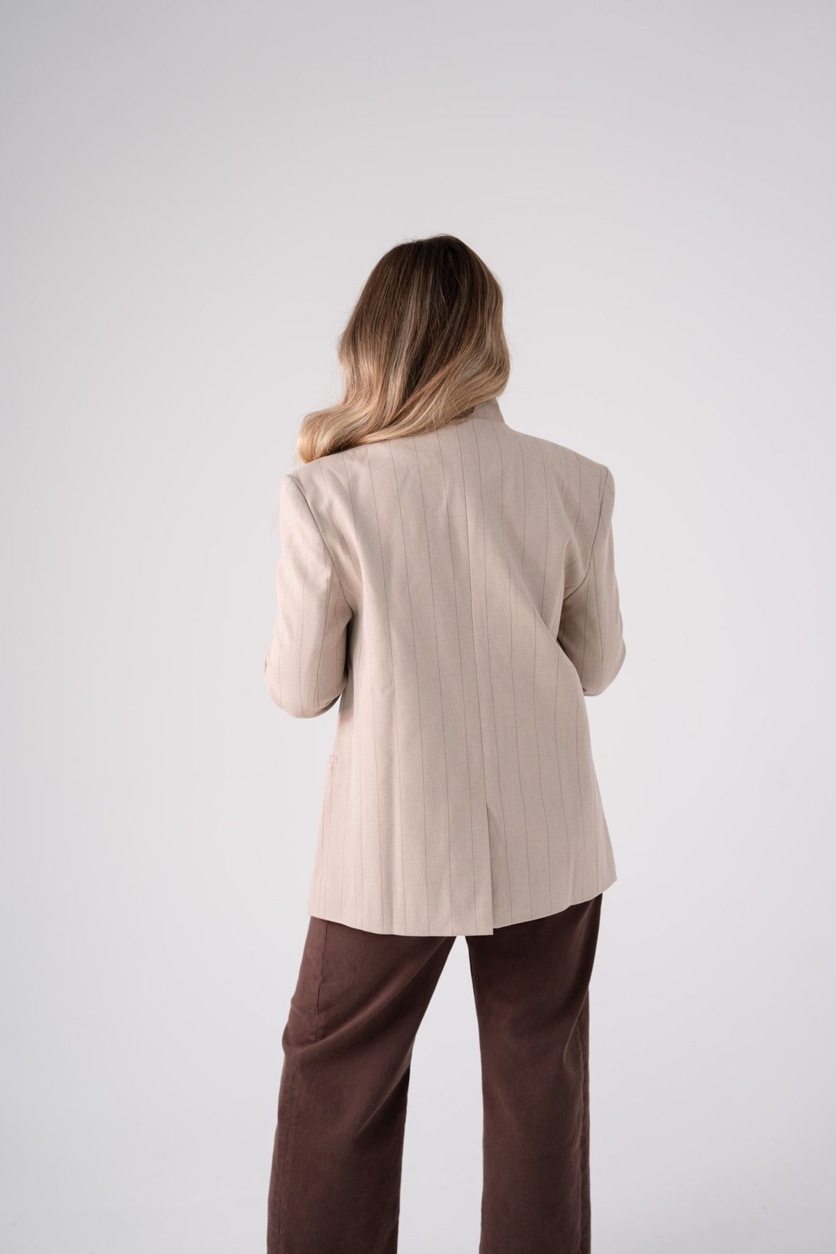 Love Laura Pinstripe Mandarin Collar Blazer In Sand