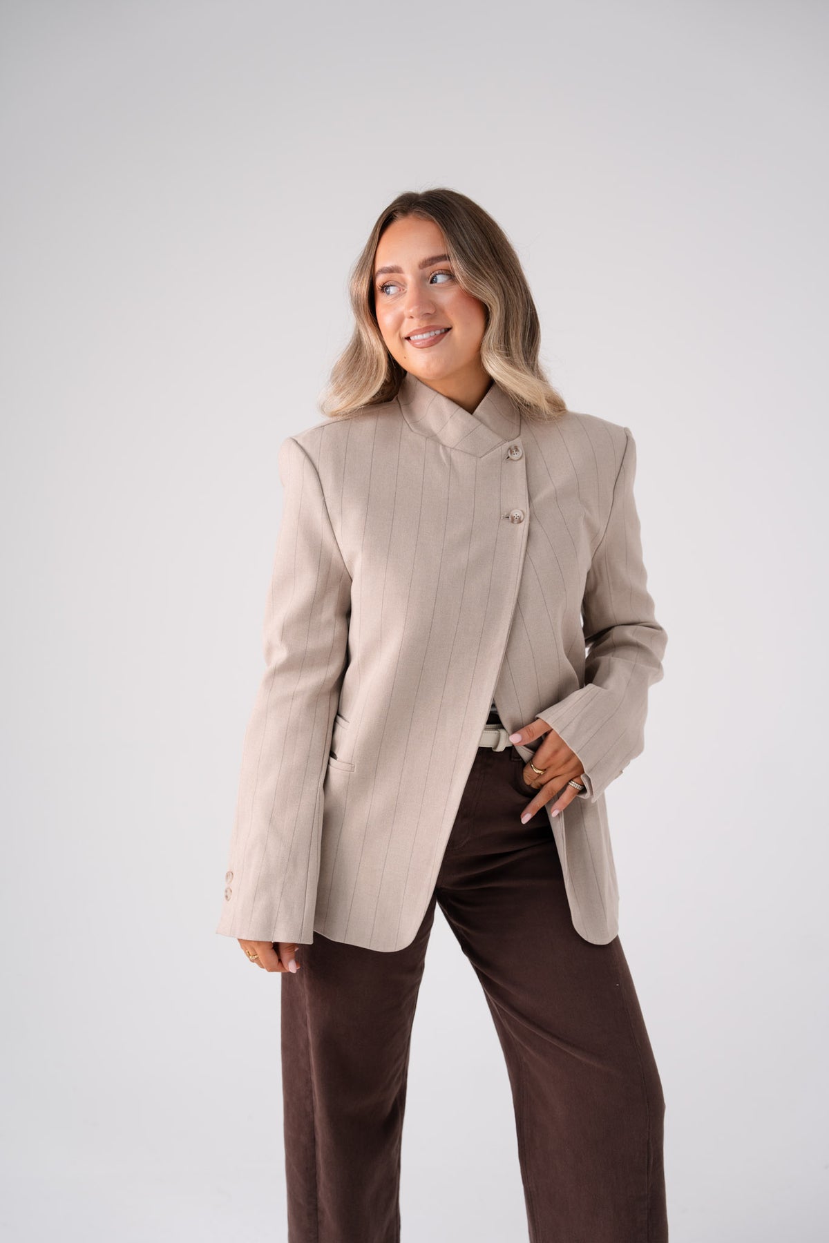 Love Laura Pinstripe Mandarin Collar Blazer In Sand