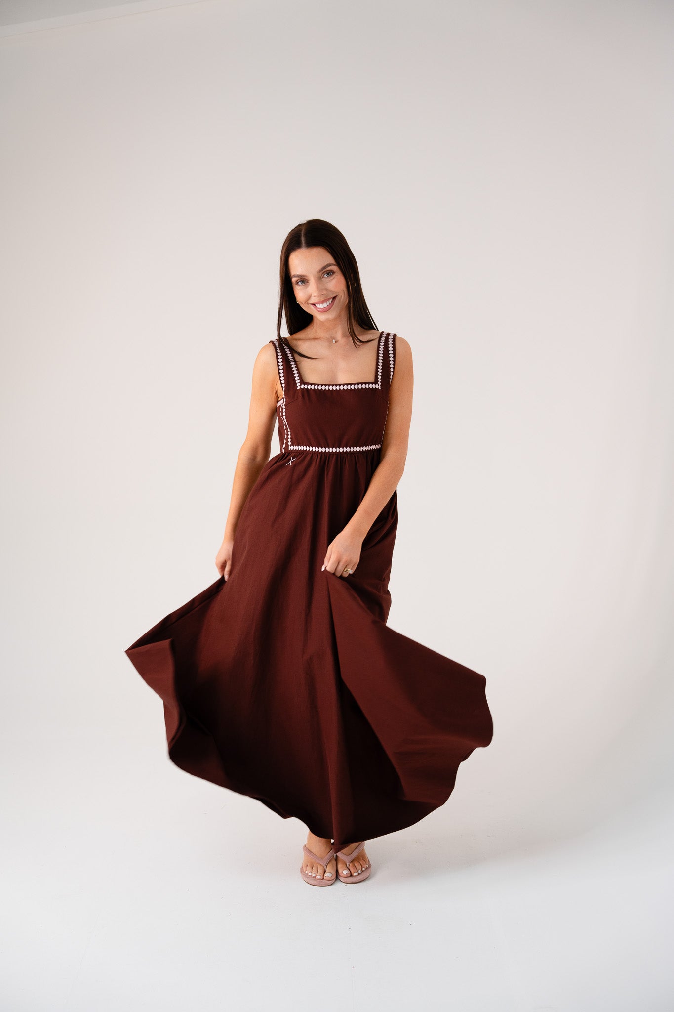 Love Laura Heart Embroidered Dress In Chocolate