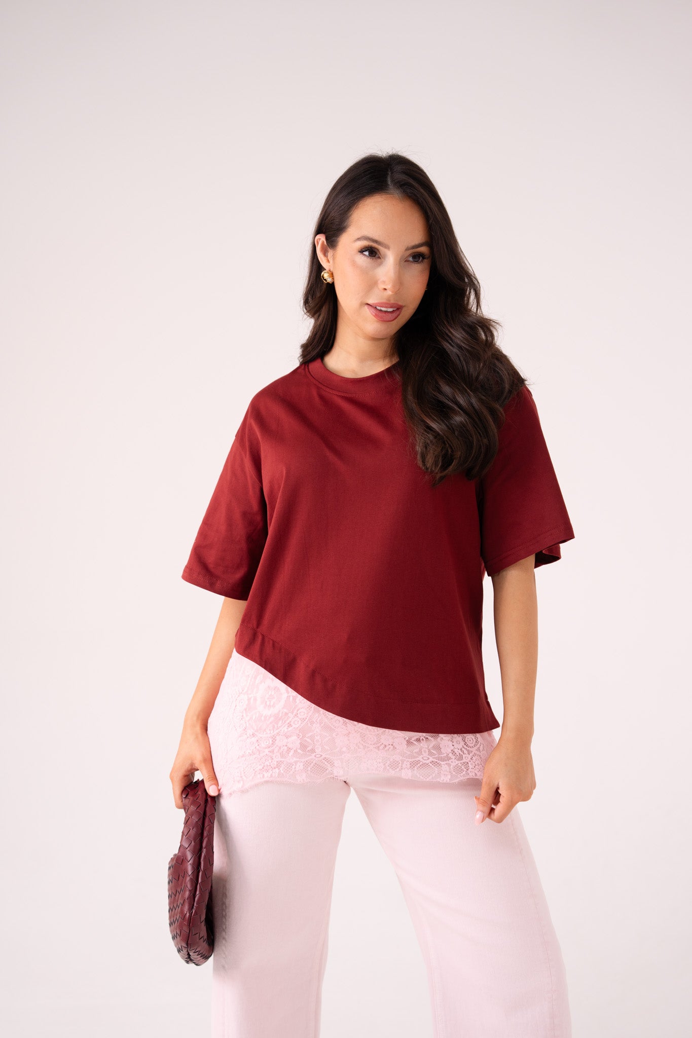 Love Laura Lace Trim T-Shirt In Burgundy