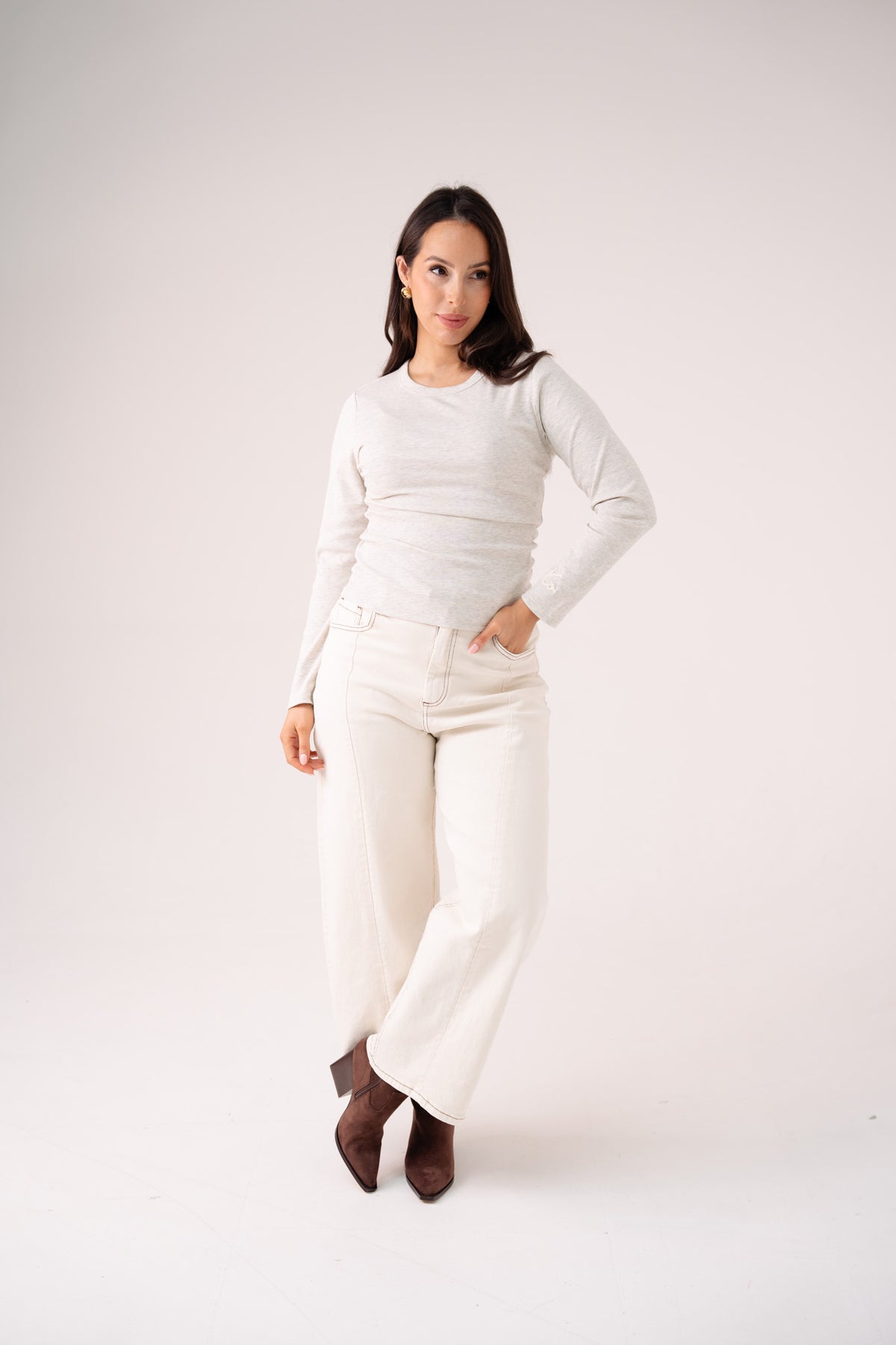 Love Laura Long Sleeve Ribbed Base Top In Grey Marl