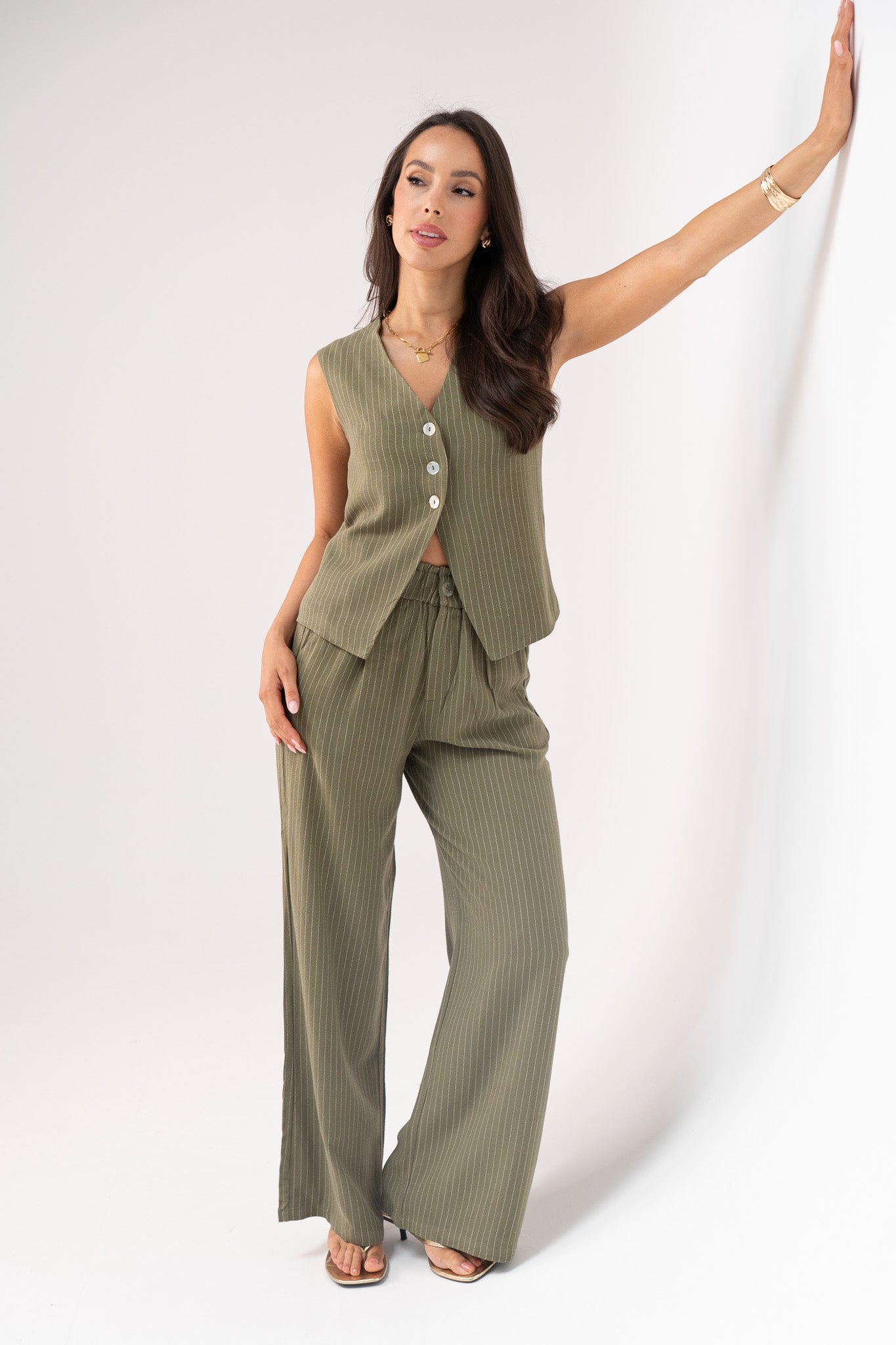 Love Laura Pinstripe Trousers In Khaki