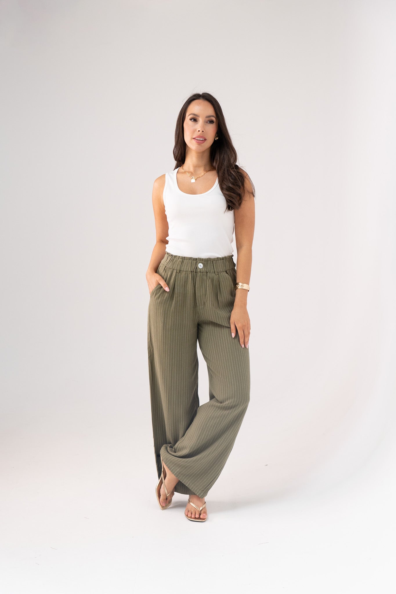 Love Laura Pinstripe Trousers In Khaki