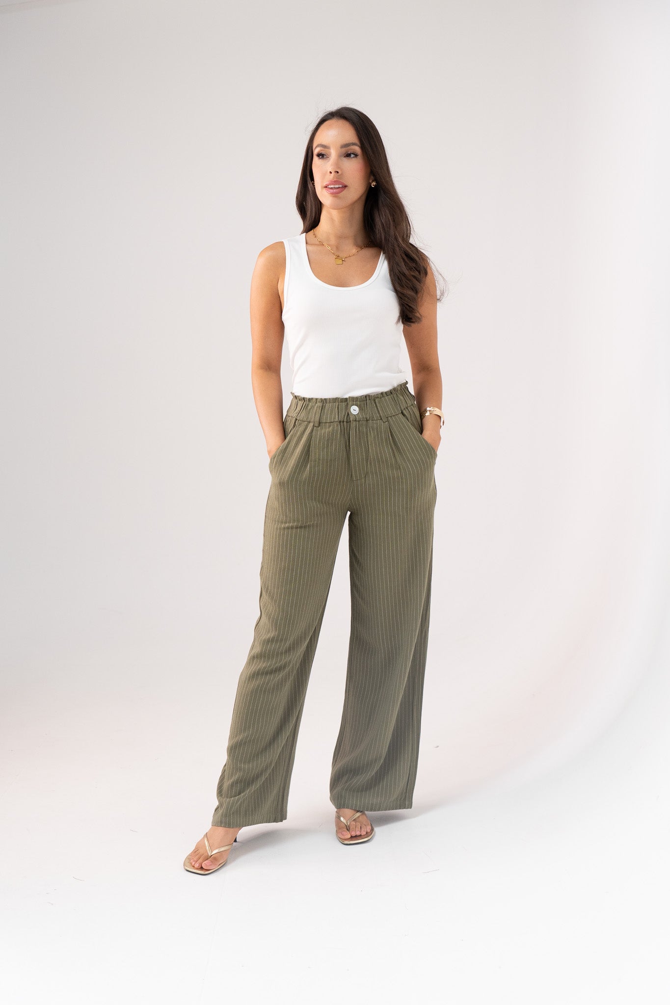 Love Laura Pinstripe Trousers In Khaki