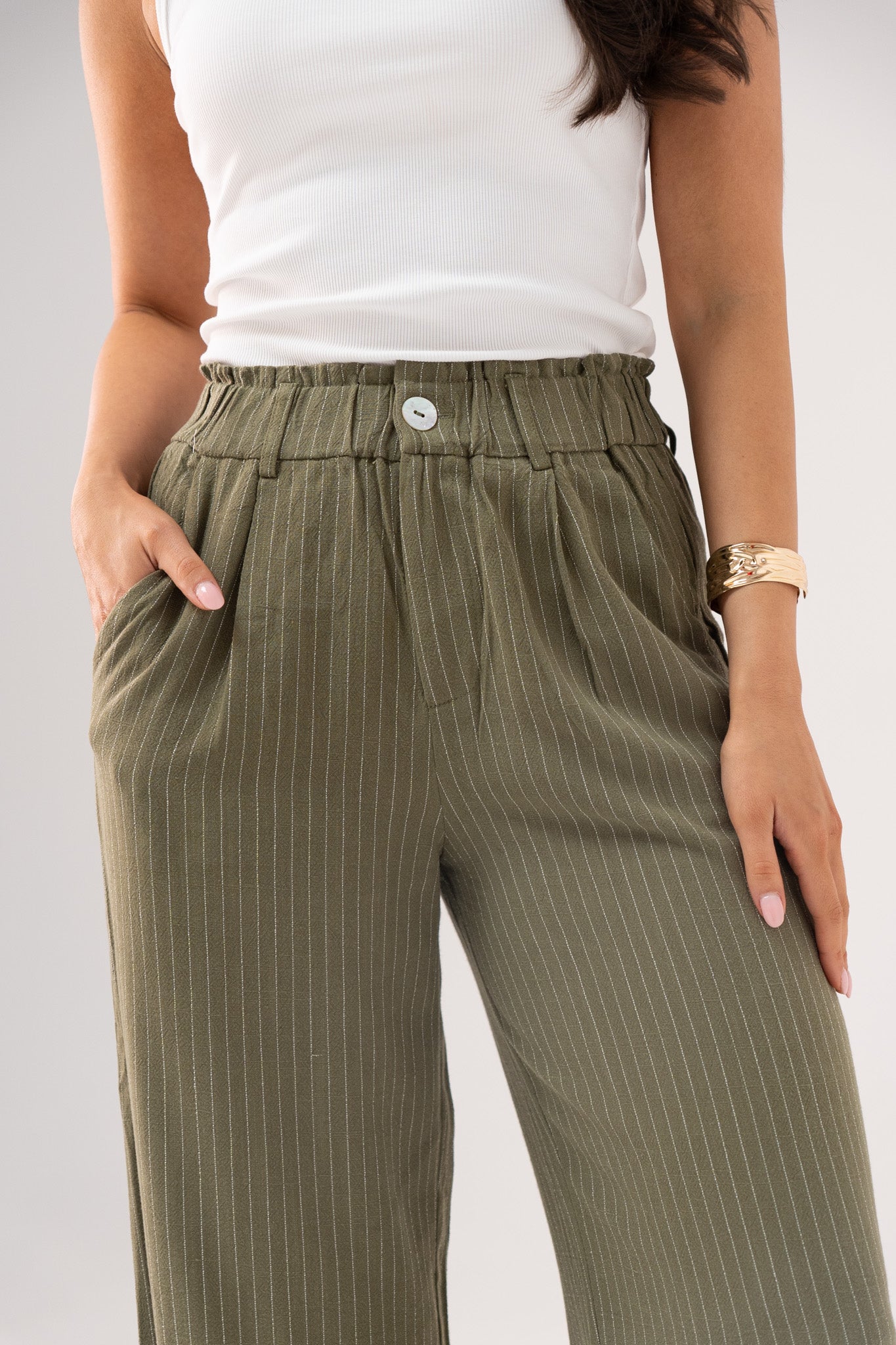 Love Laura Pinstripe Trousers In Khaki