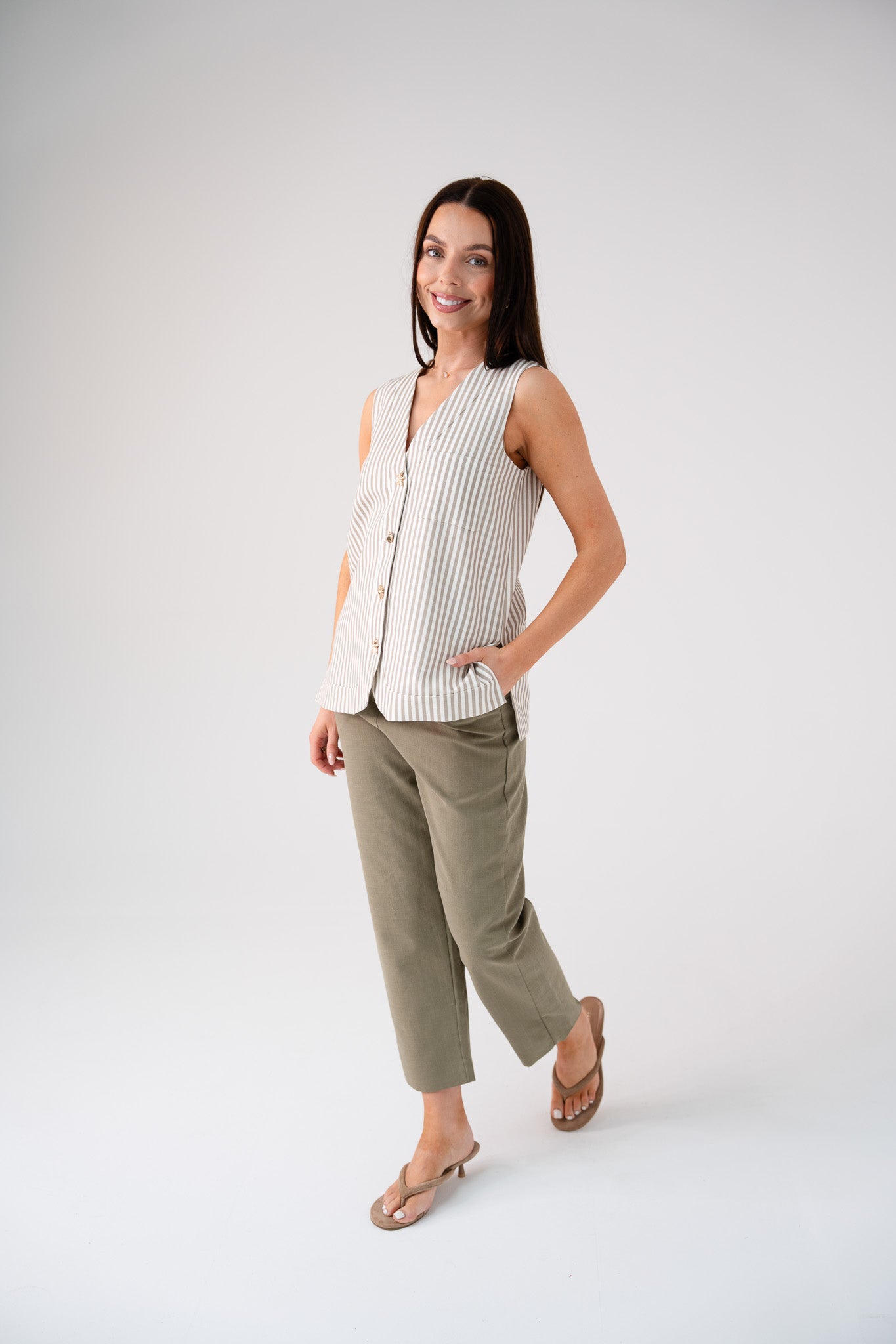 Love Laura Pinstripe Waistcoat In Olive