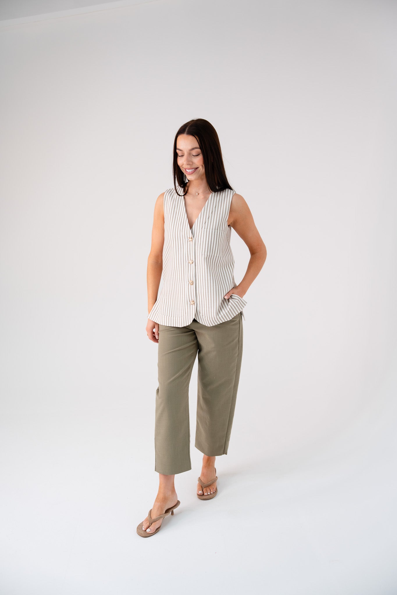 Love Laura Pinstripe Waistcoat In Olive
