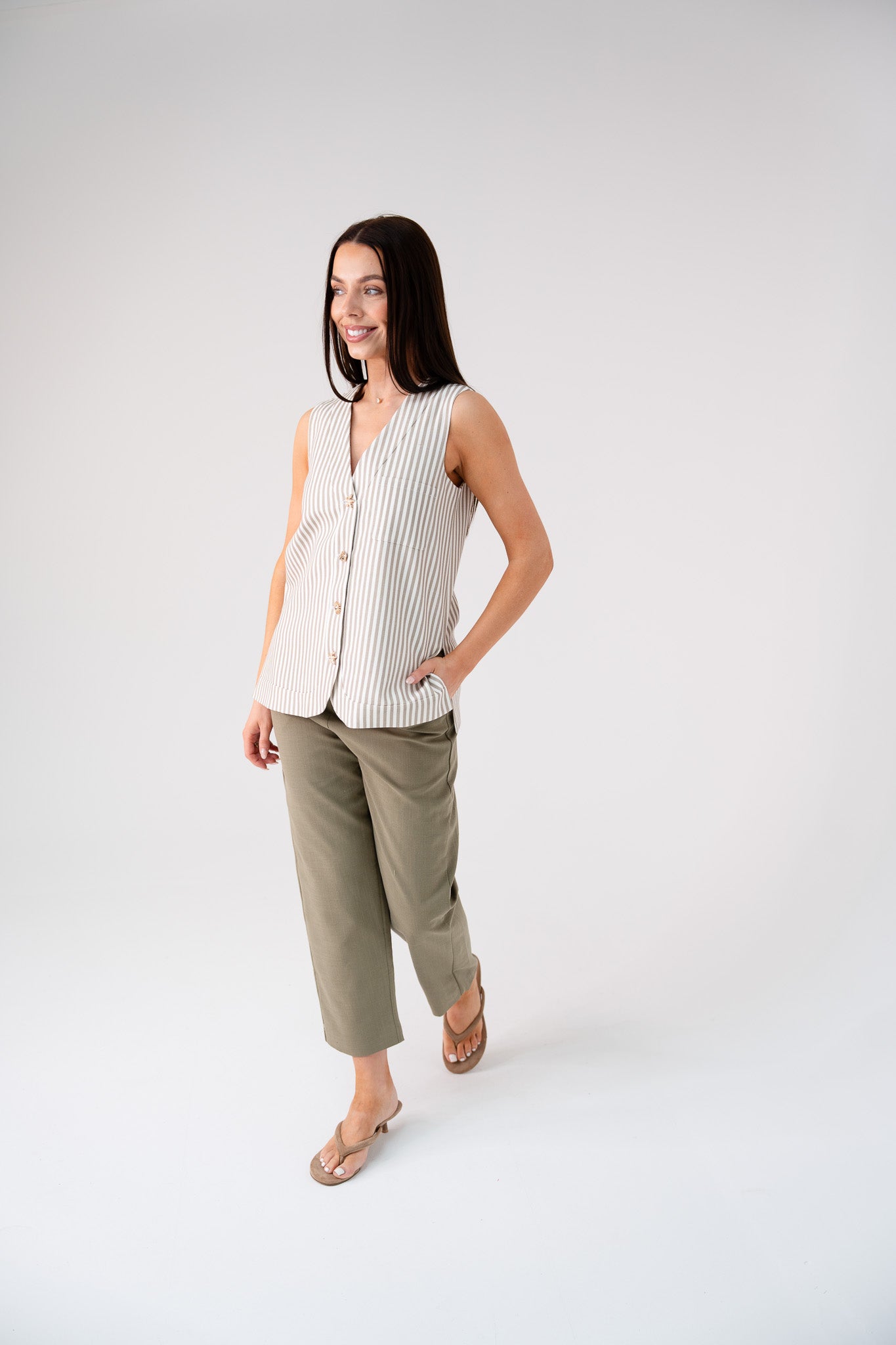 Love Laura Pinstripe Waistcoat In Olive