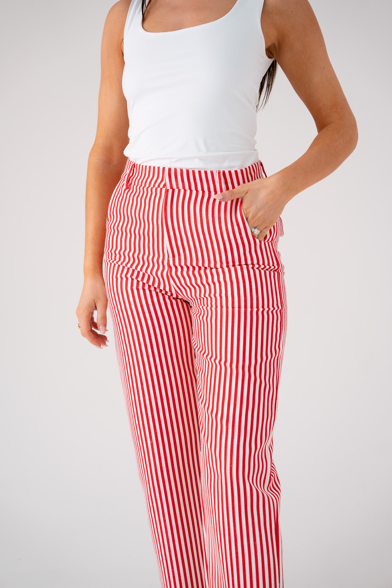 Love Laura Pinstripe Trousers In Red