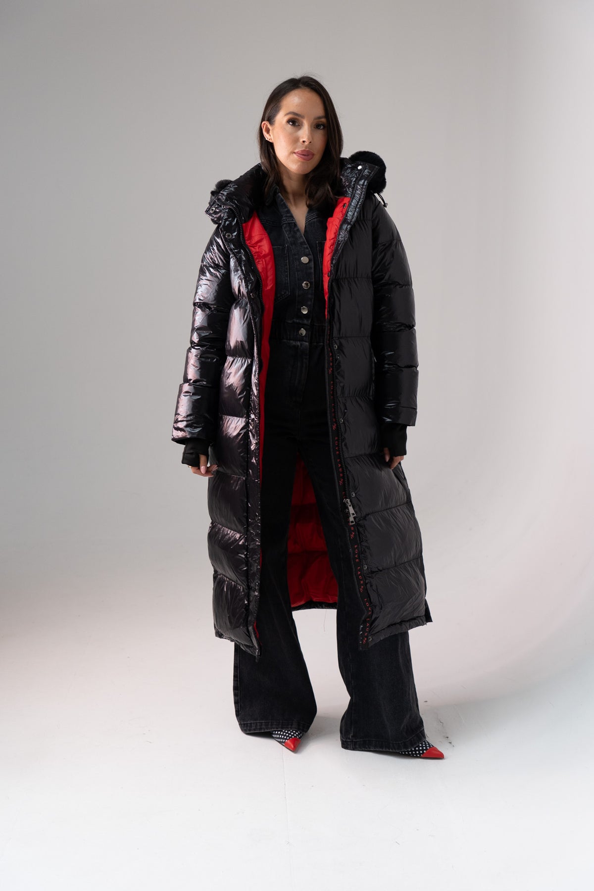 Love Laura Red Lined Puffa Coat In Black