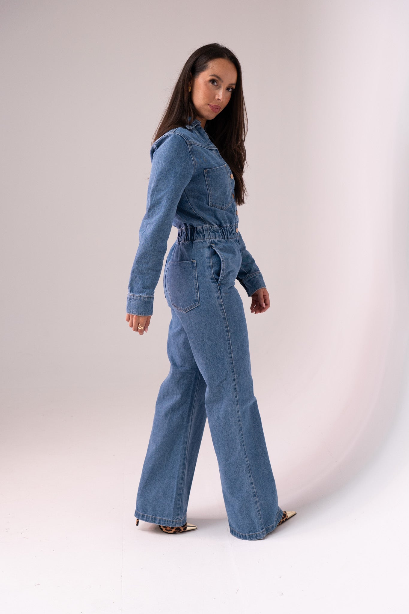 Love Laura Utility Jumpsuit In Mid Wash