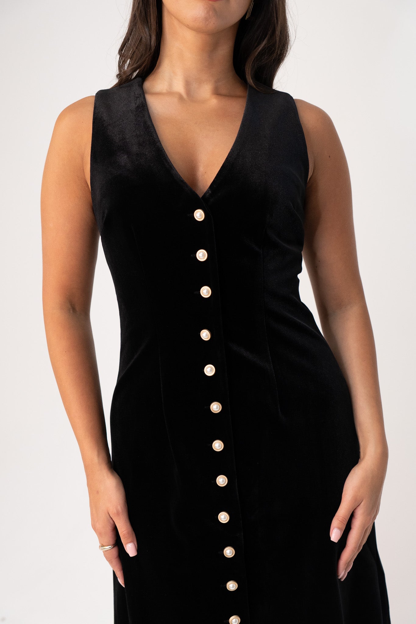 Love Laura Pearl Button Velvet Dress In Black