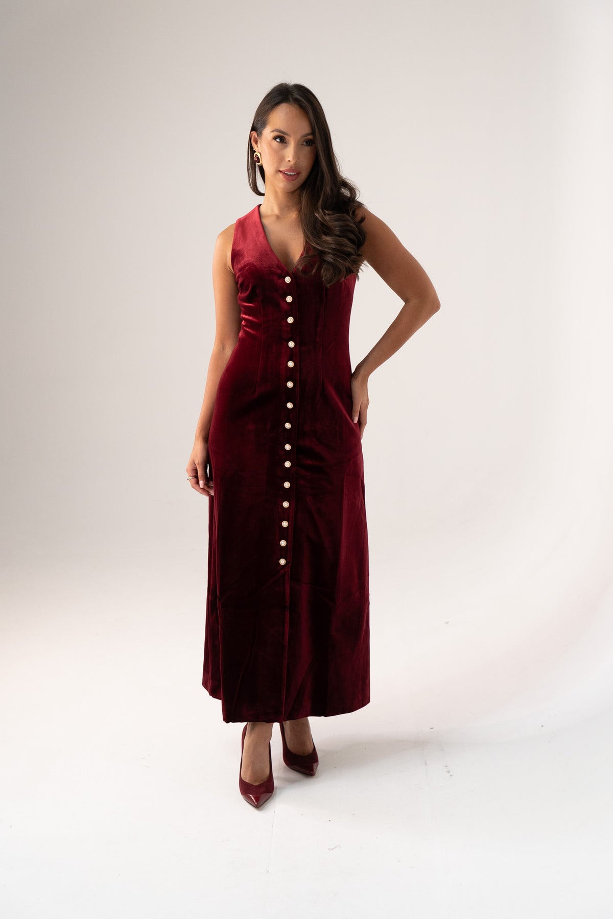 Love Laura Pearl Button Velvet Dress In Burgundy