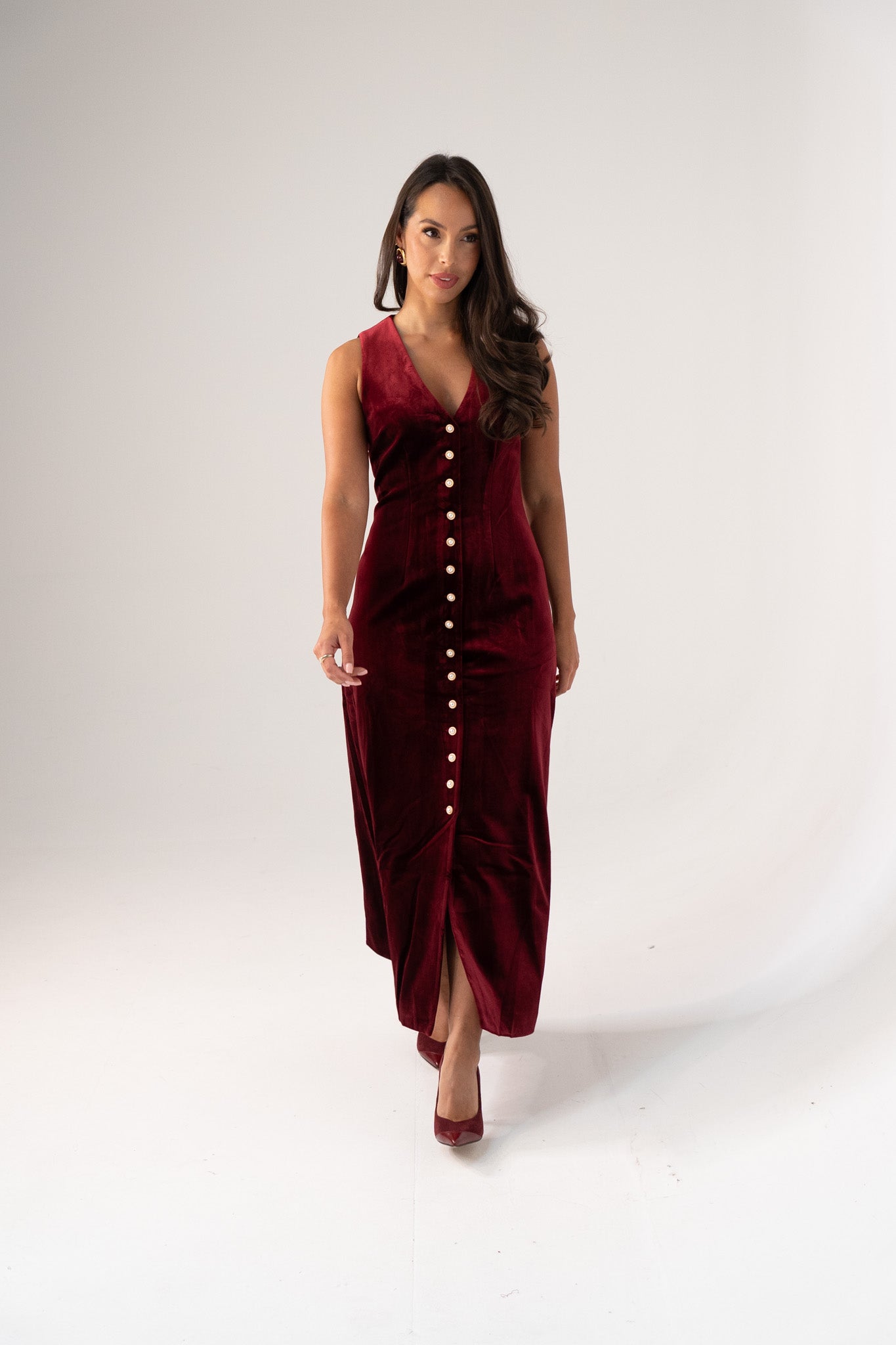 Love Laura Pearl Button Velvet Dress In Burgundy