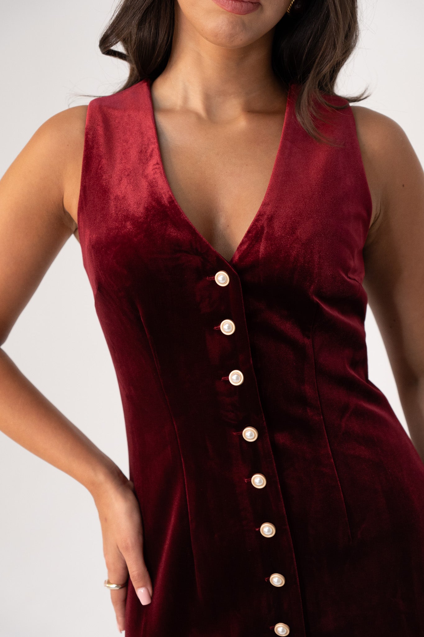 Love Laura Pearl Button Velvet Dress In Burgundy