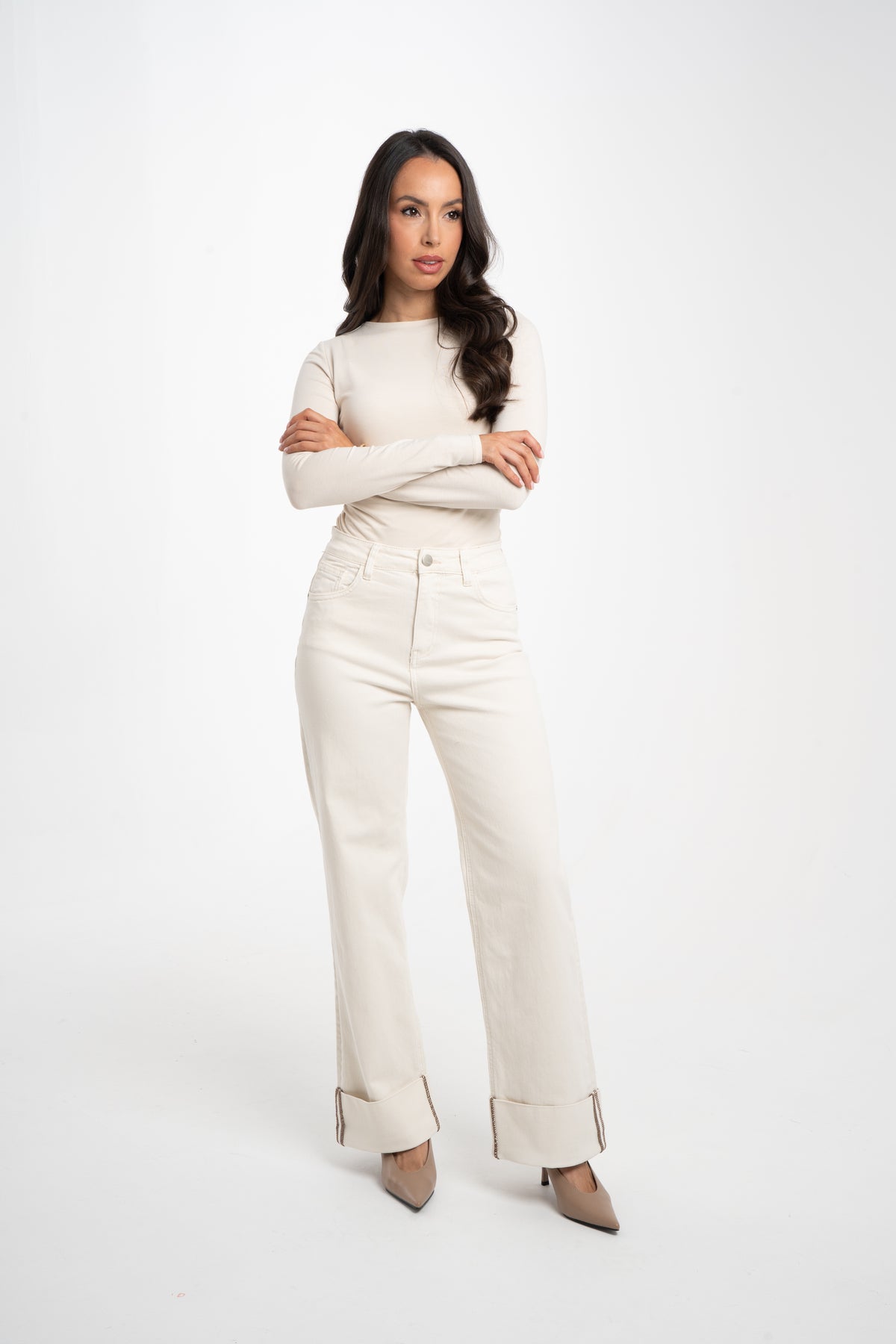 Love Laura Chocolate Trim Turn Up Jeans In Cream