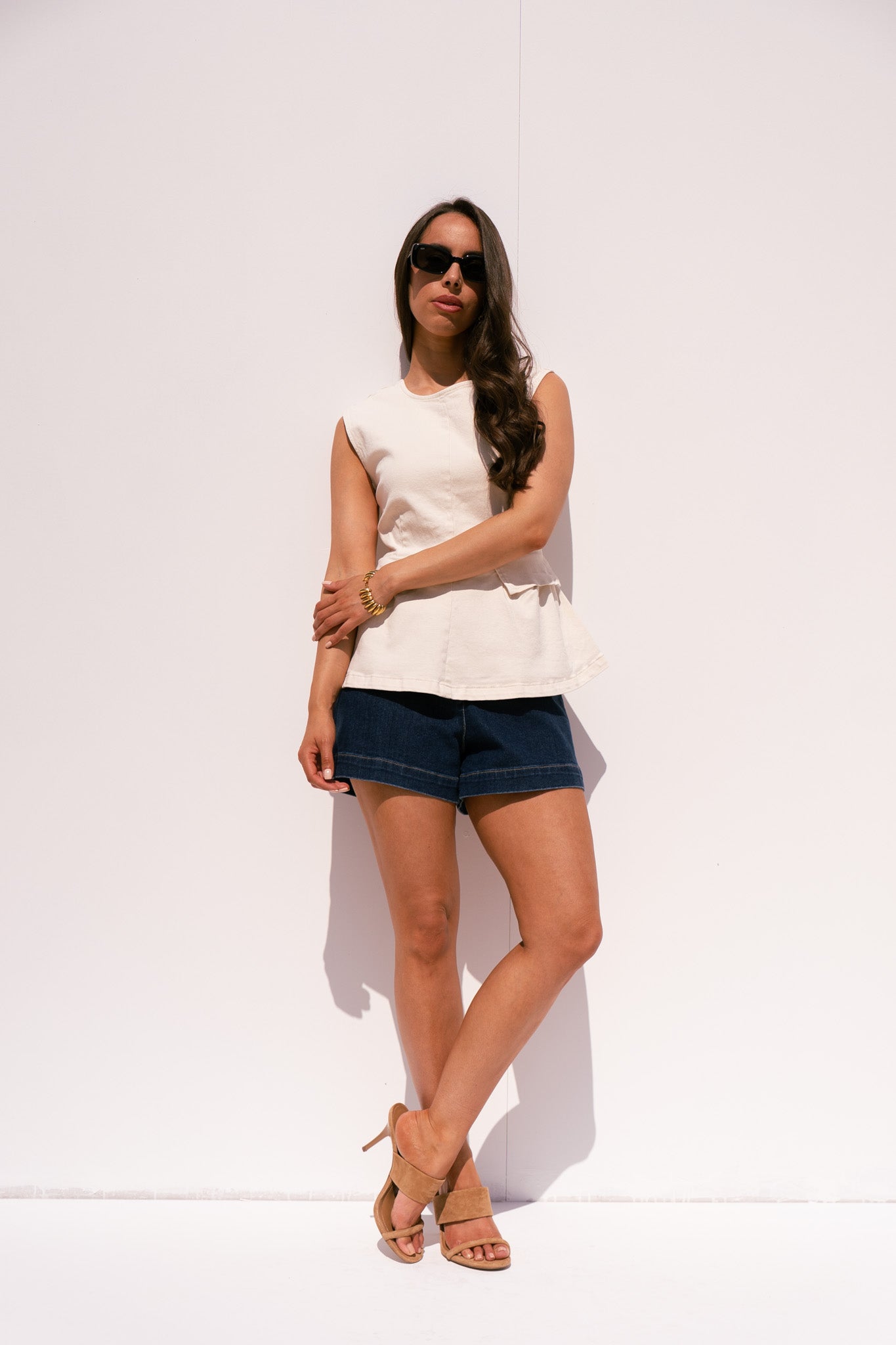 Love Laura Peplum Denim Top In Cream