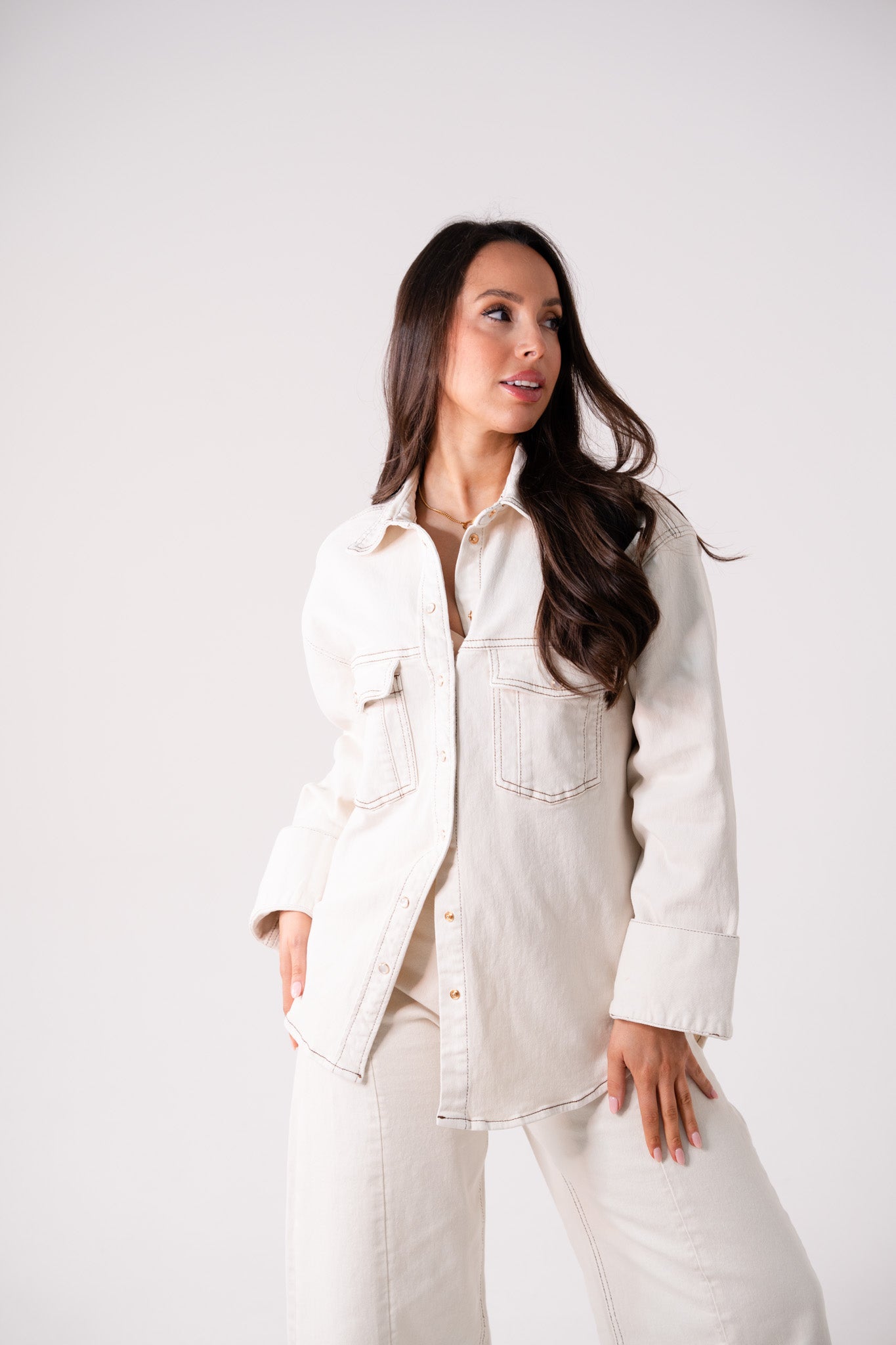 Love Laura Chocolate Stitched Shacket In Cream