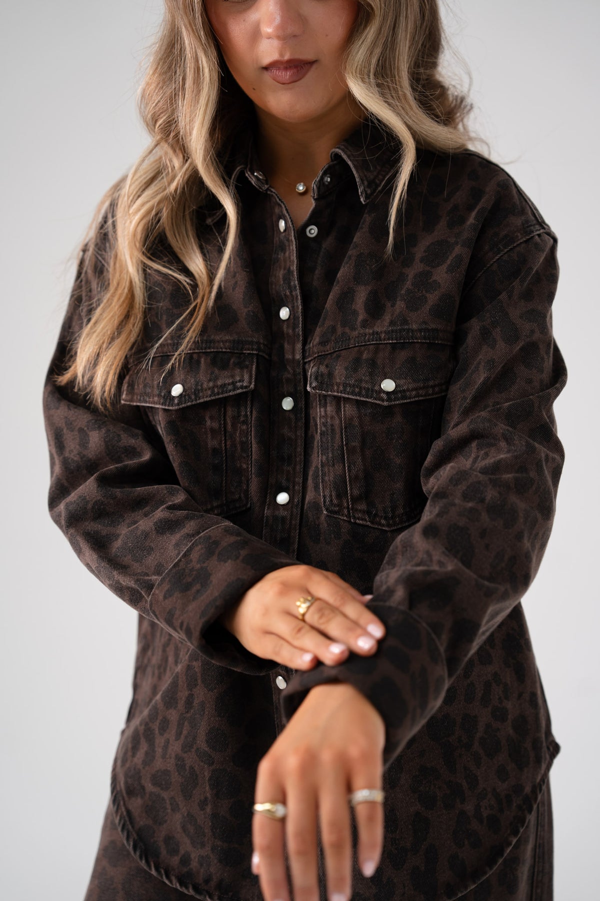 Love Laura Denim Shacket In Dark Leopard Print