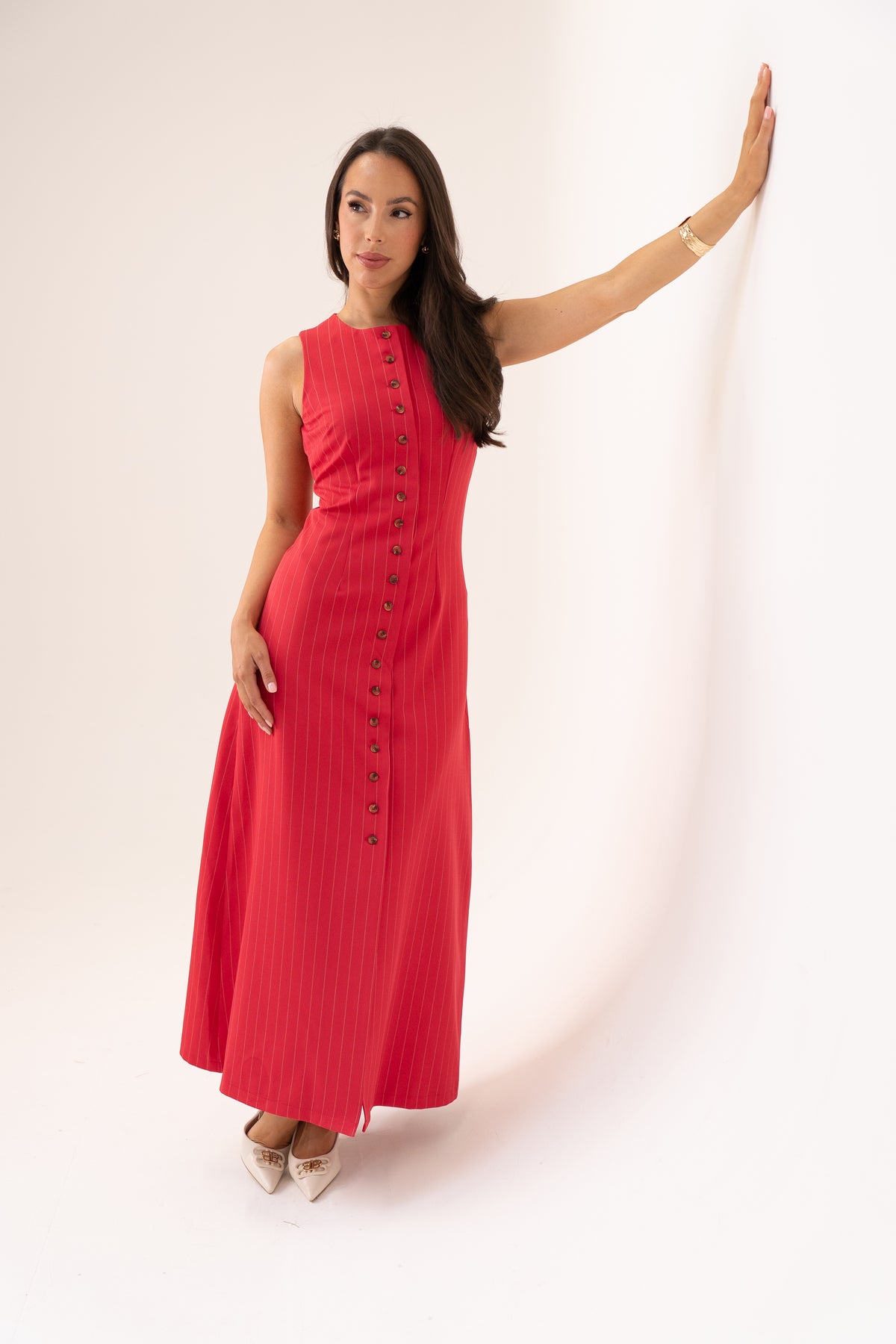 Love Laura Pinstripe Shirt Dress In Raspberry