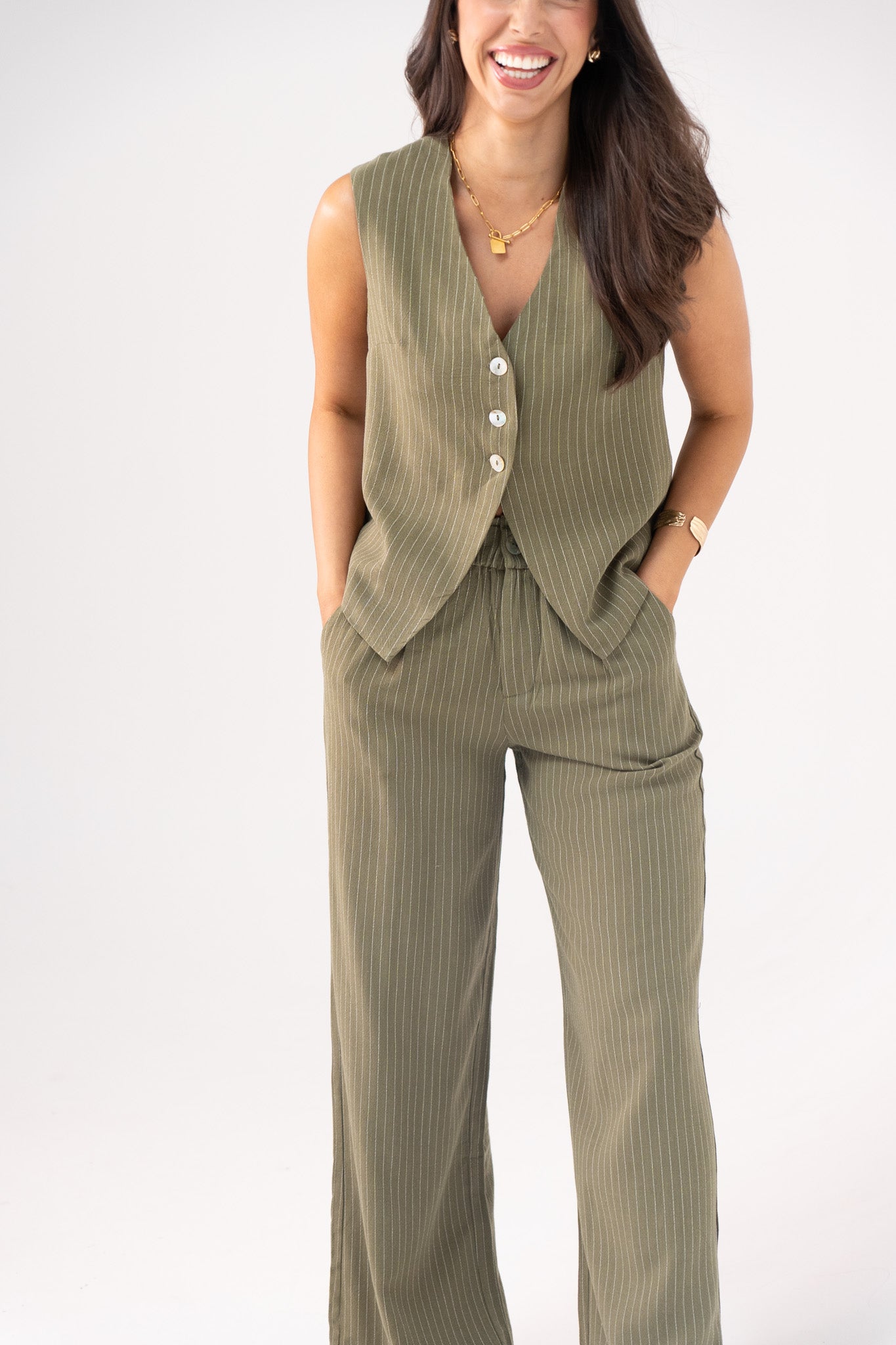 Love Laura Pinstripe Waistcoat In Khaki