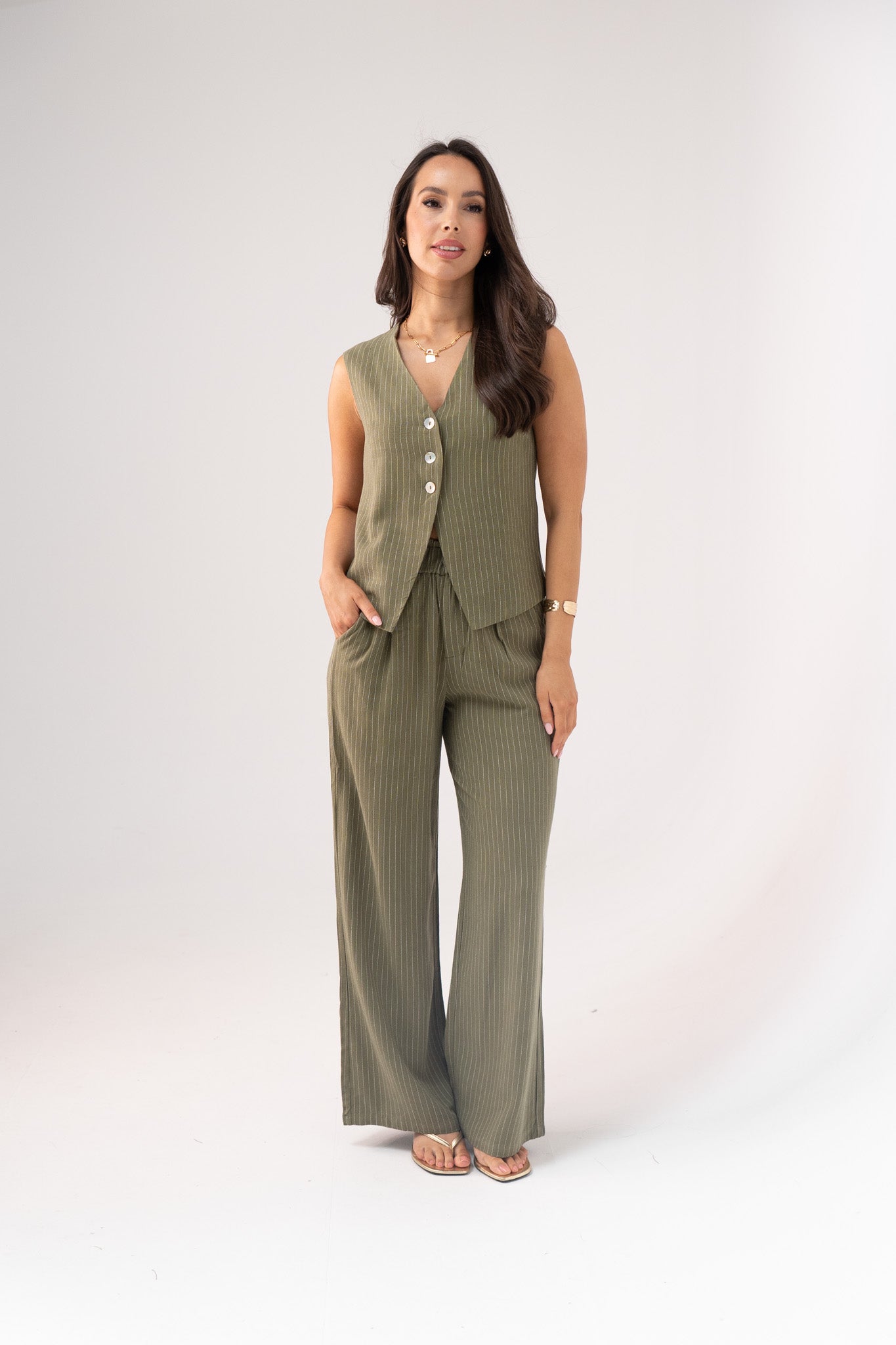 Love Laura Pinstripe Waistcoat In Khaki