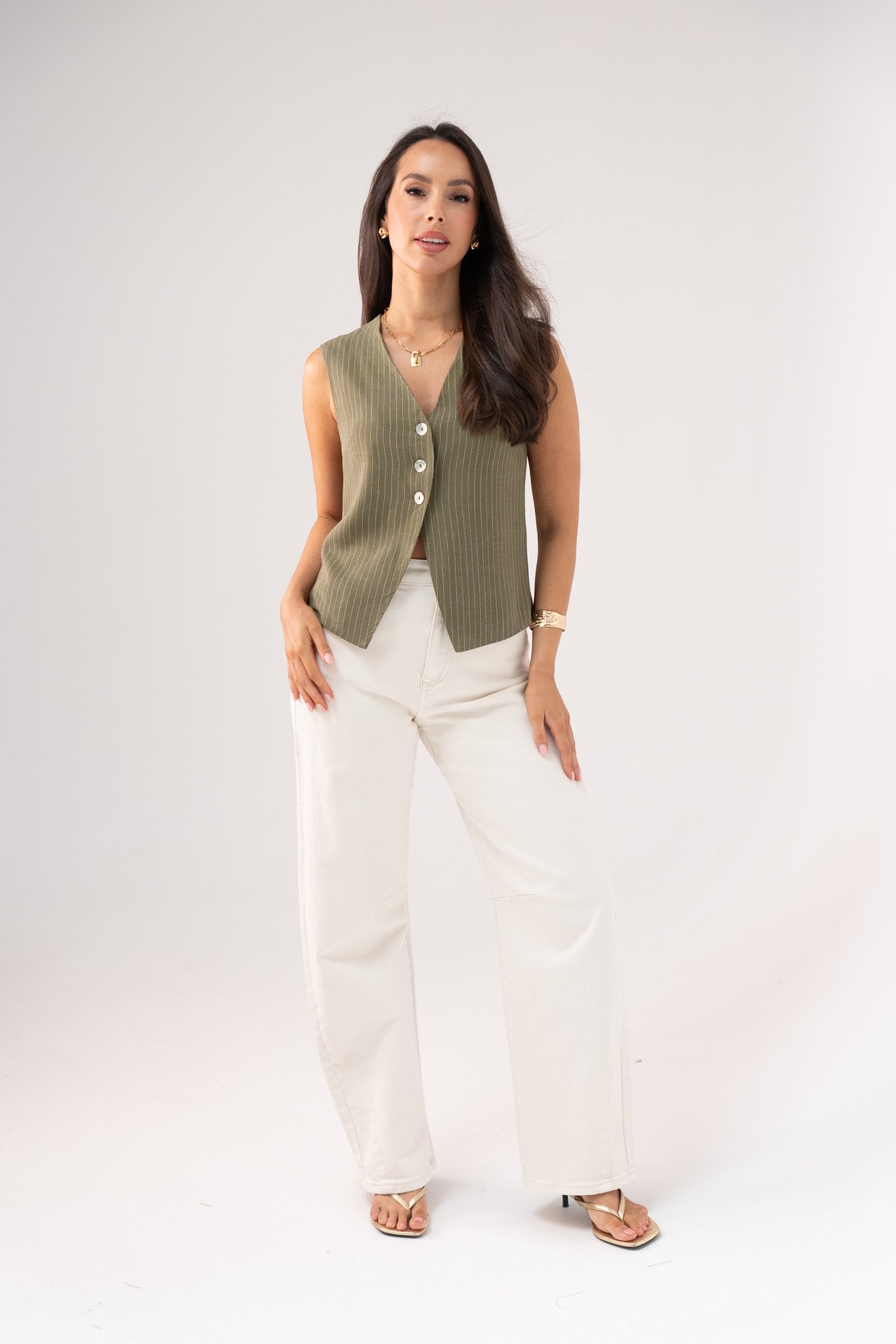 Love Laura Pinstripe Waistcoat In Khaki