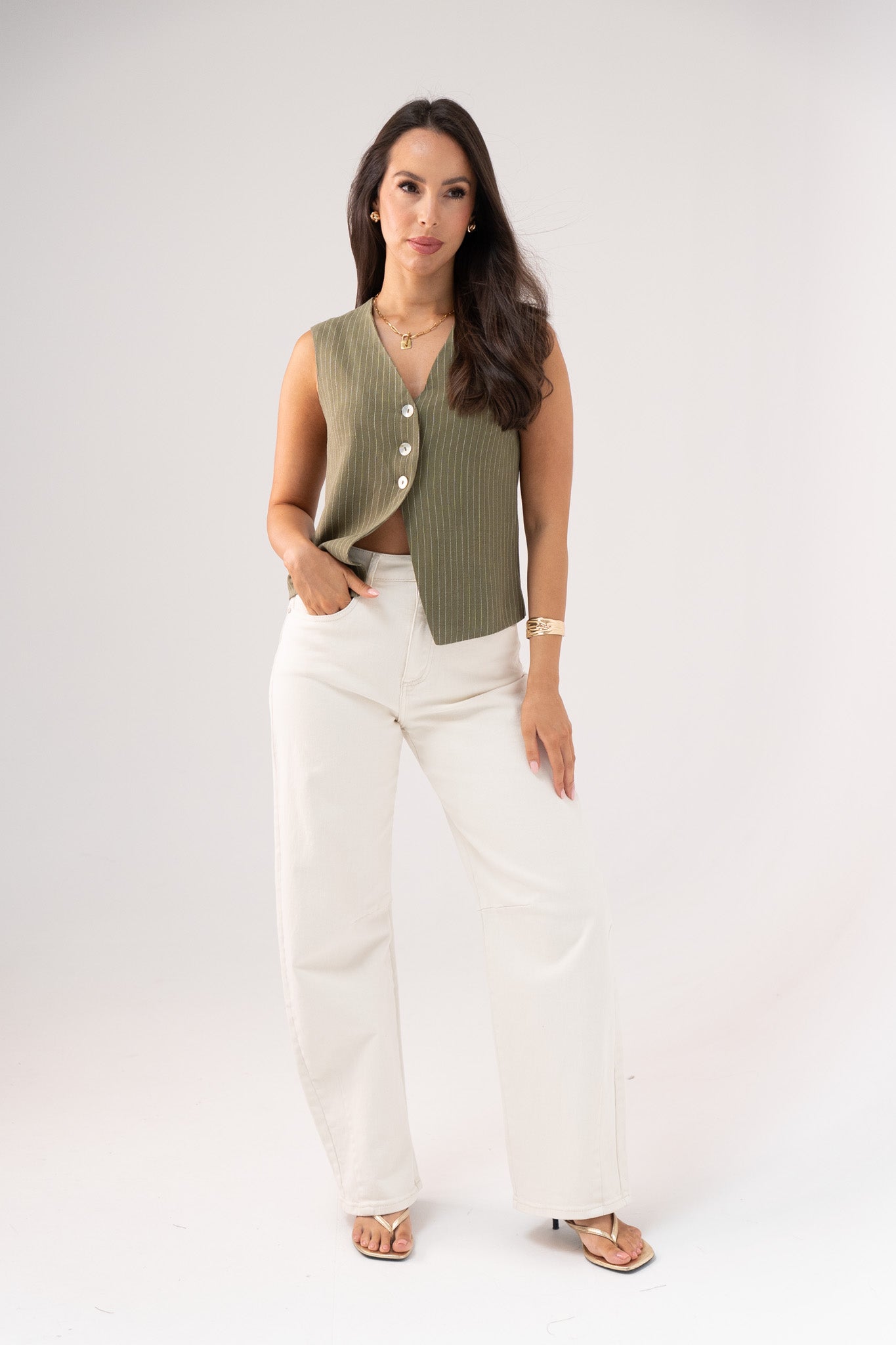 Love Laura Pinstripe Waistcoat In Khaki