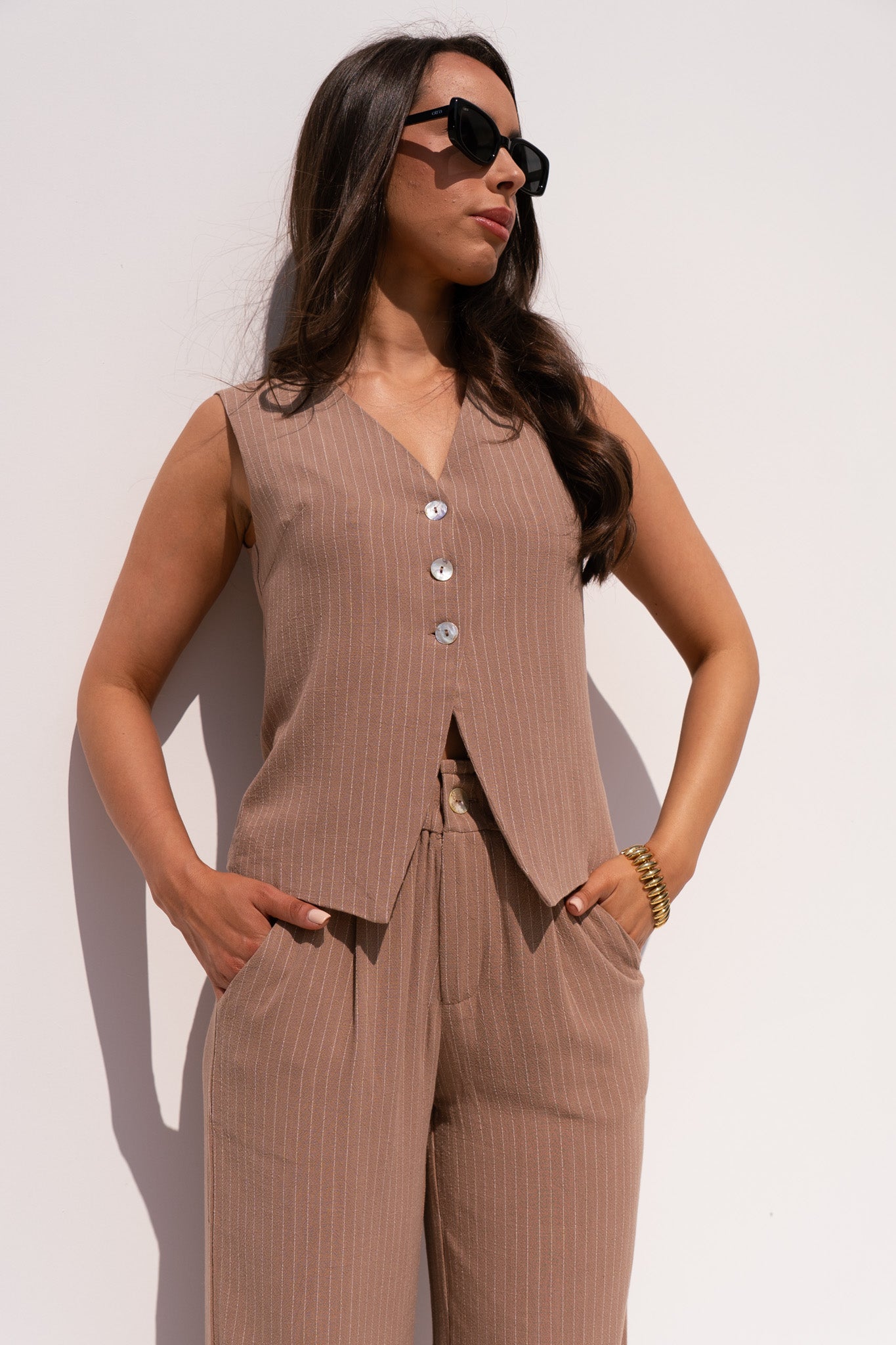 Love Laura Pinstripe Waistcoat In Mocha