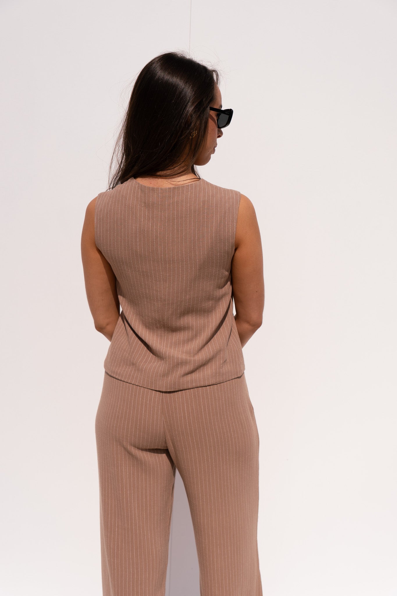 Love Laura Pinstripe Waistcoat In Mocha