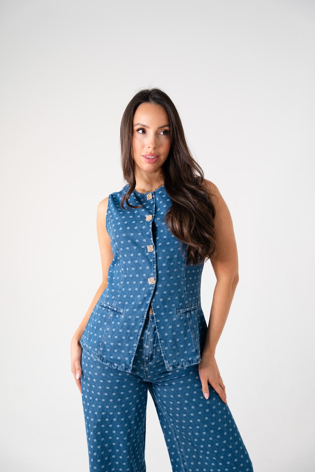 Love Laura Polka Dot Waistcoat In Dark Wash