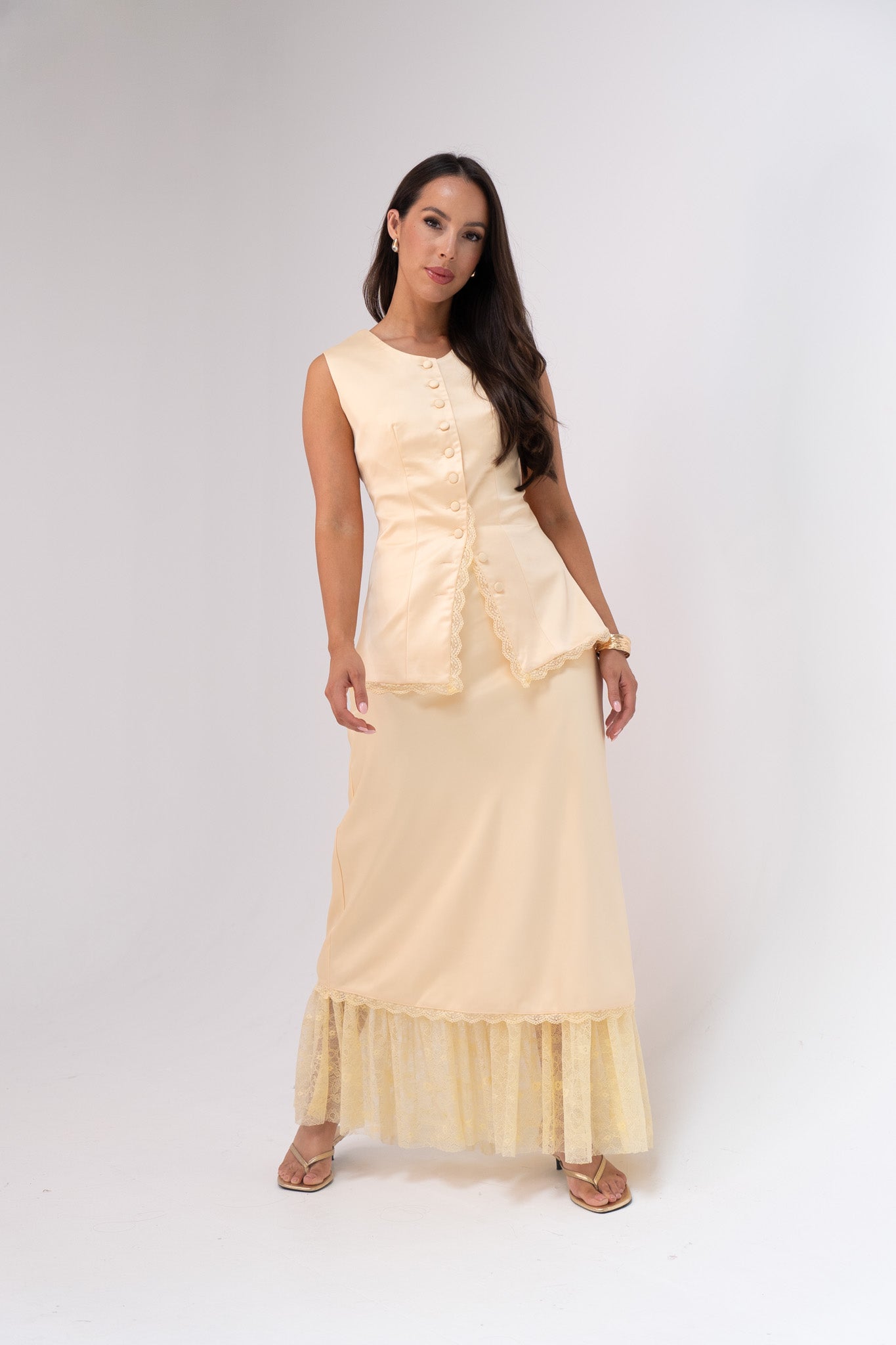 Love Laura Lace Trim Satin Waistcoat In Lemon