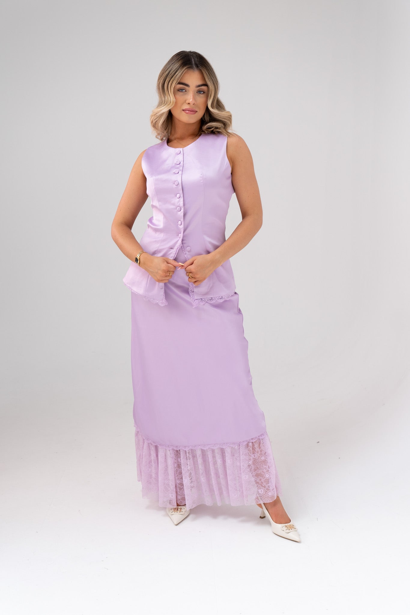 Love Laura Lace Trim Satin Skirt In Lilac
