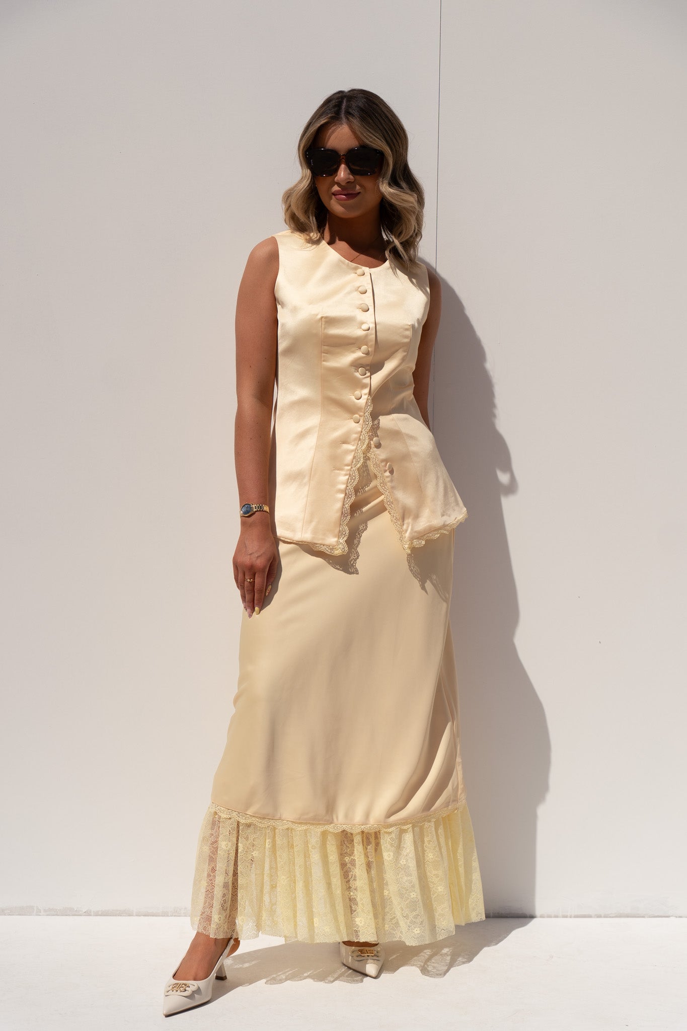 Love Laura Lace Trim Satin Waistcoat In Lemon