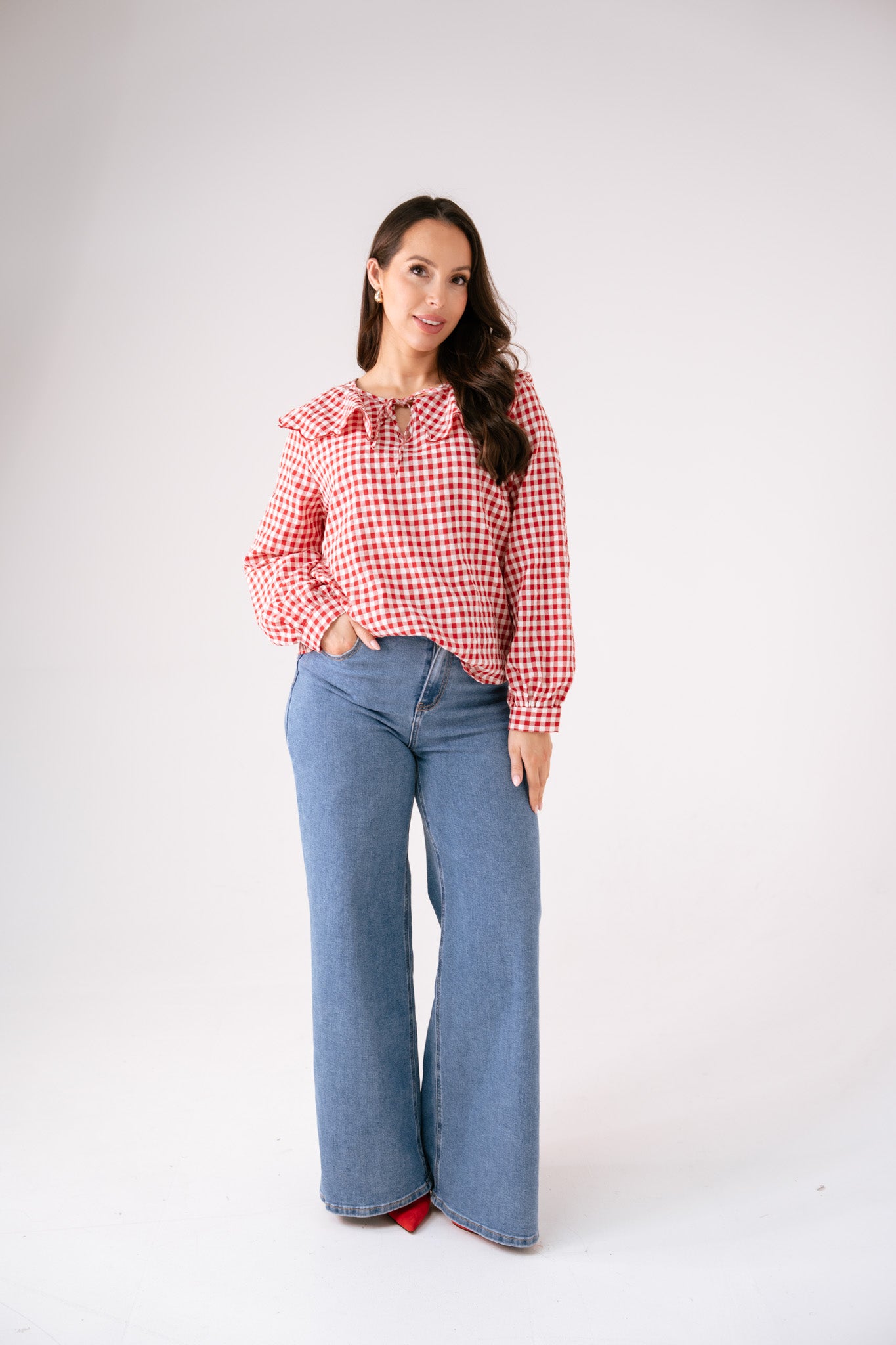 Maddie Tie Neck Gingham Blouse In Red