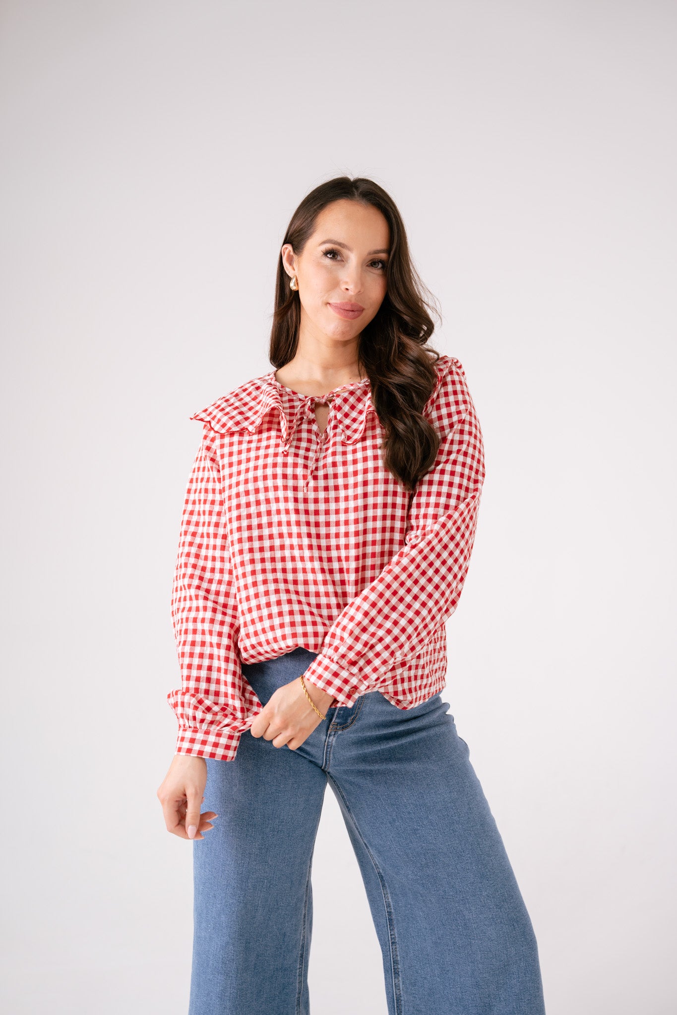 Maddie Tie Neck Gingham Blouse In Red