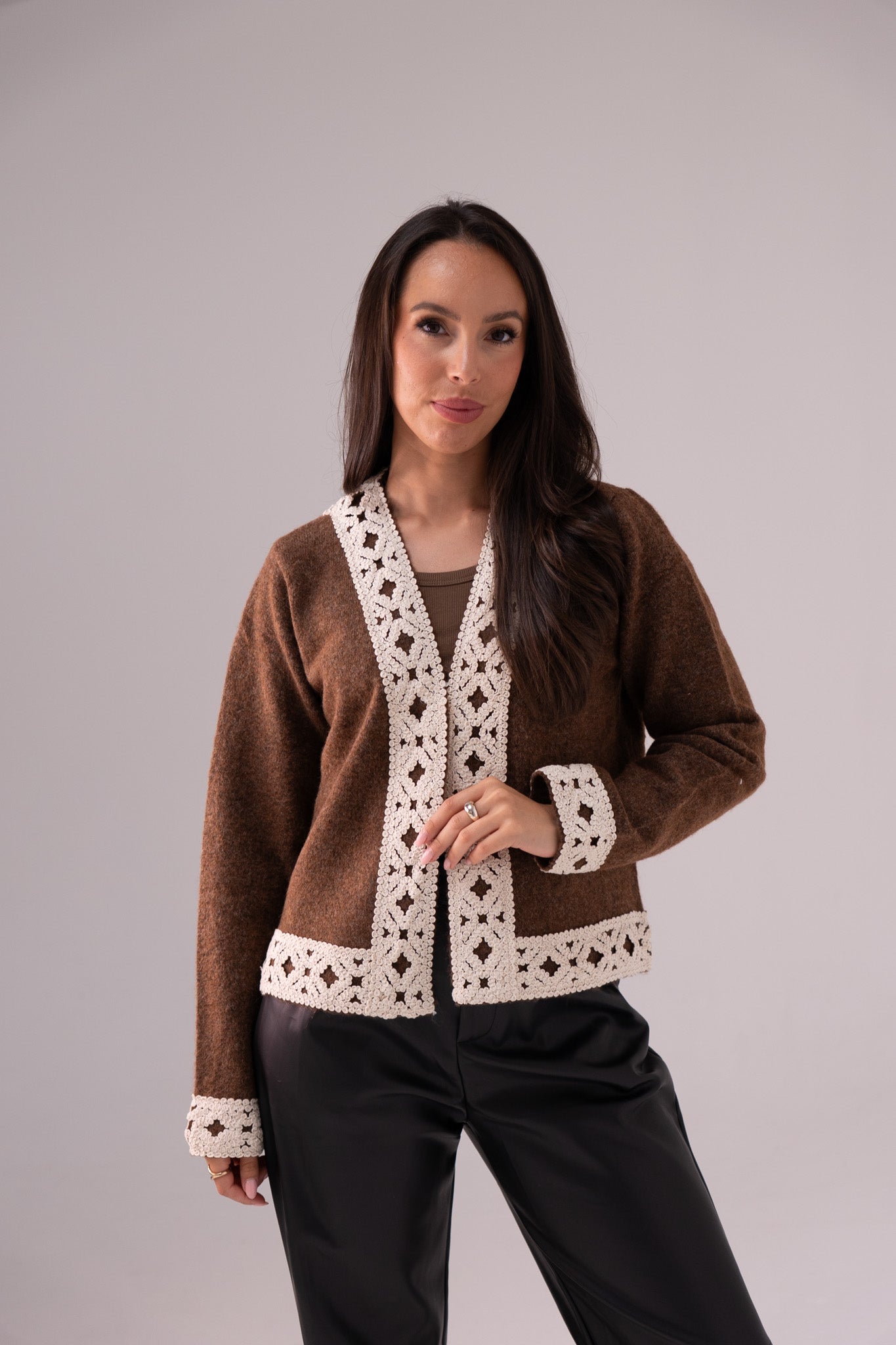 Megan Crochet Trim Cardigan In Chocolate