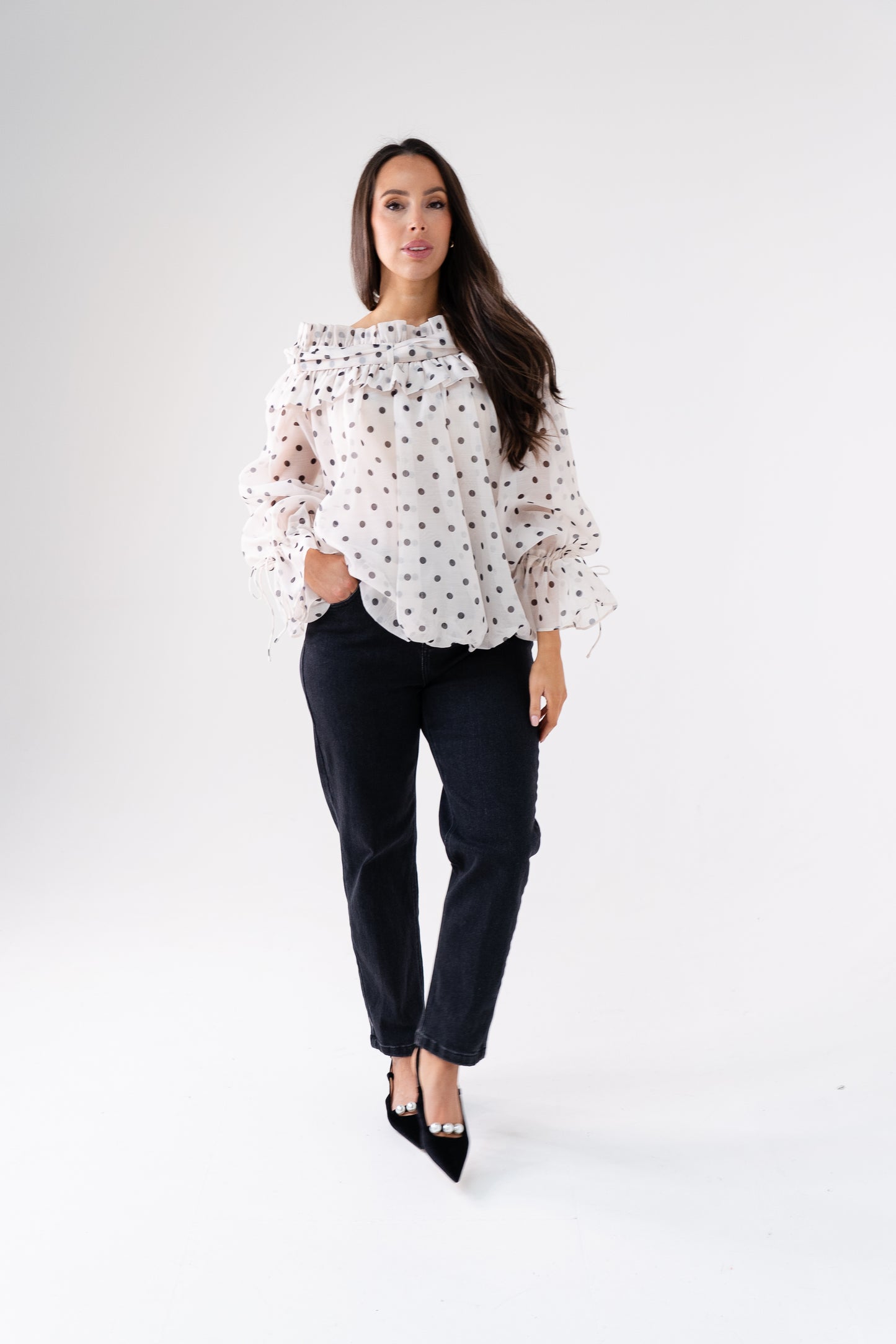 Megan Polka Dot Bardot Blouse In Cream