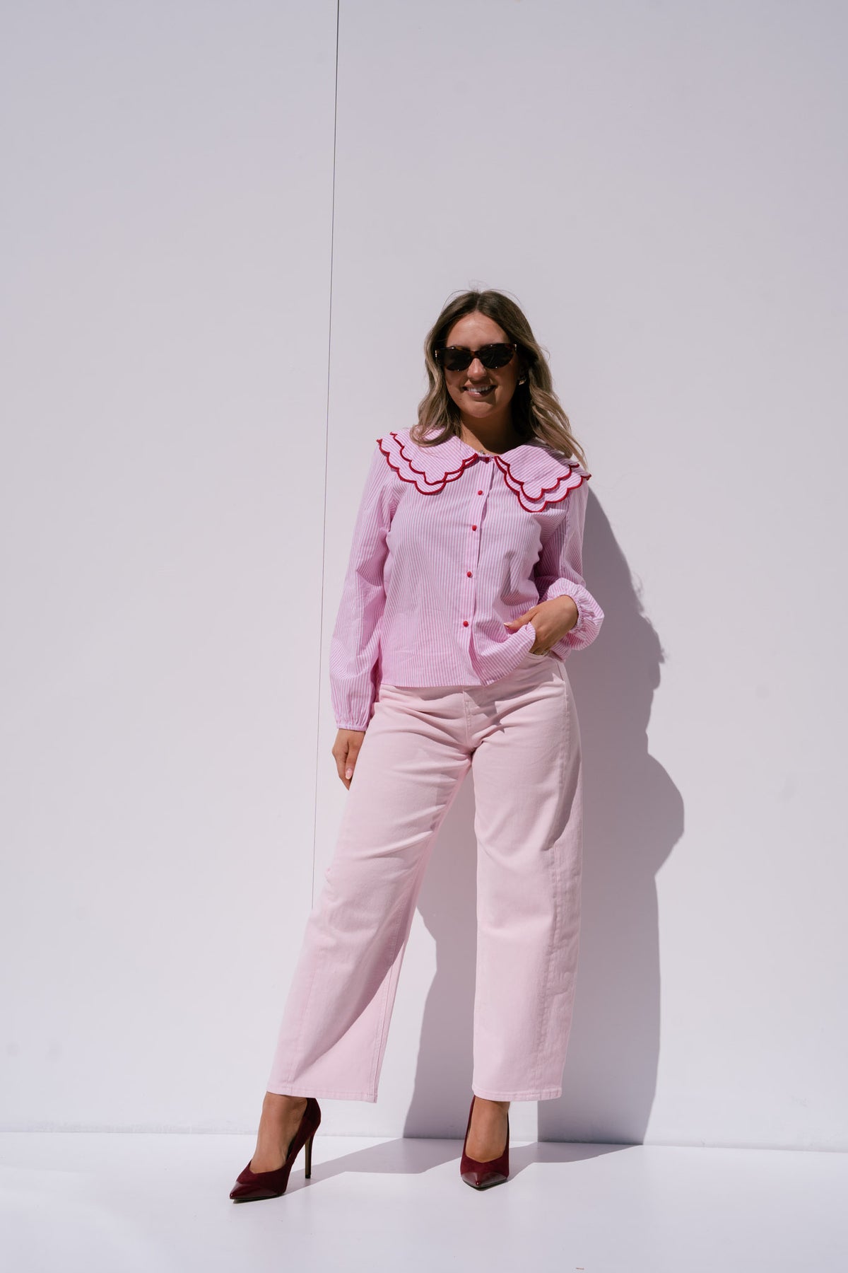 Megan Layered Collar Pinstripe Shirt In Pink