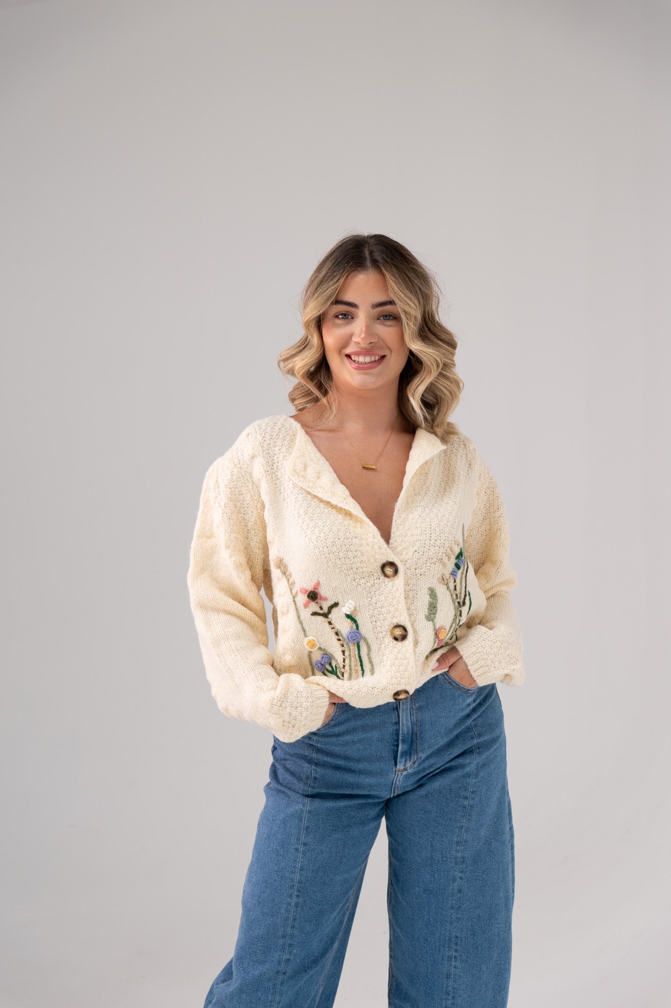 Melanie Embroidered Floral Cardigan In Cream