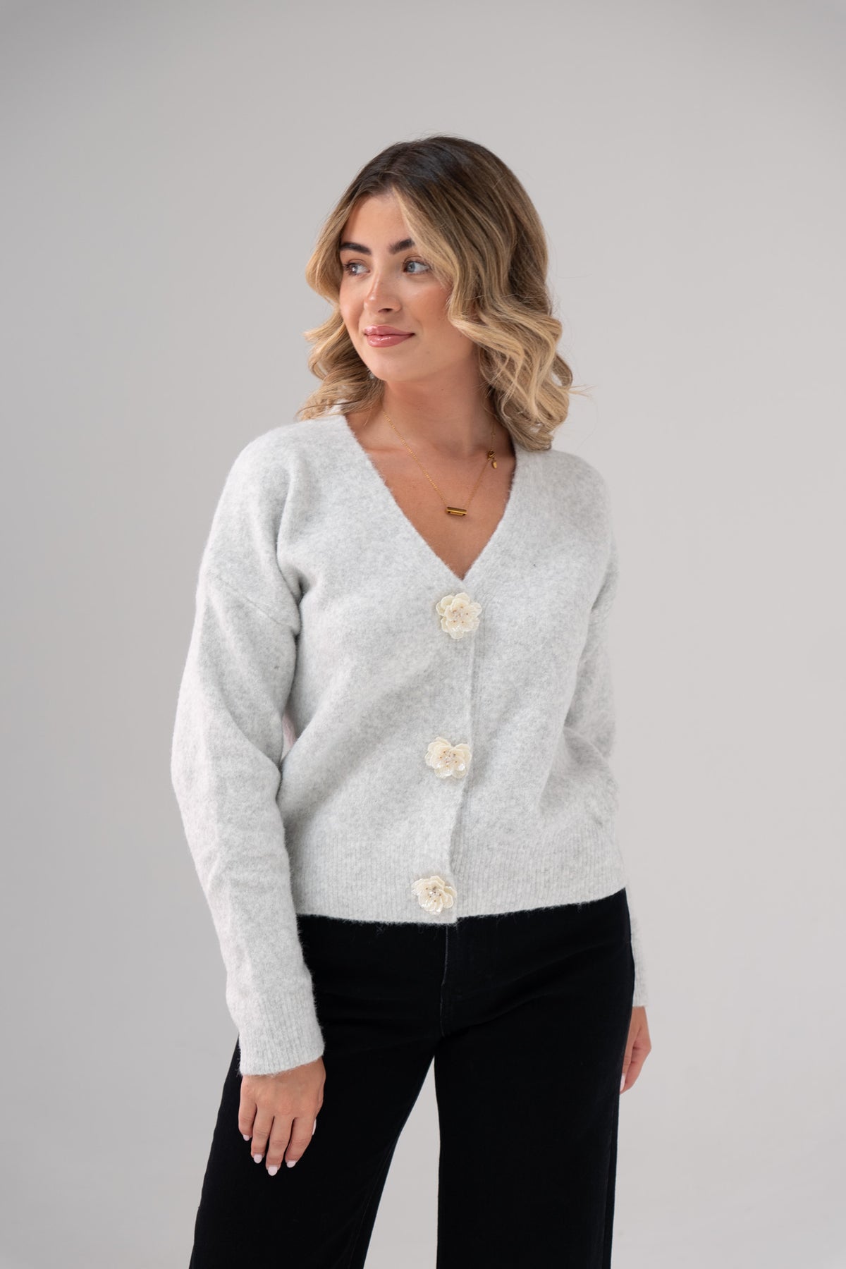 Melanie Floral Button Cardigan In Grey