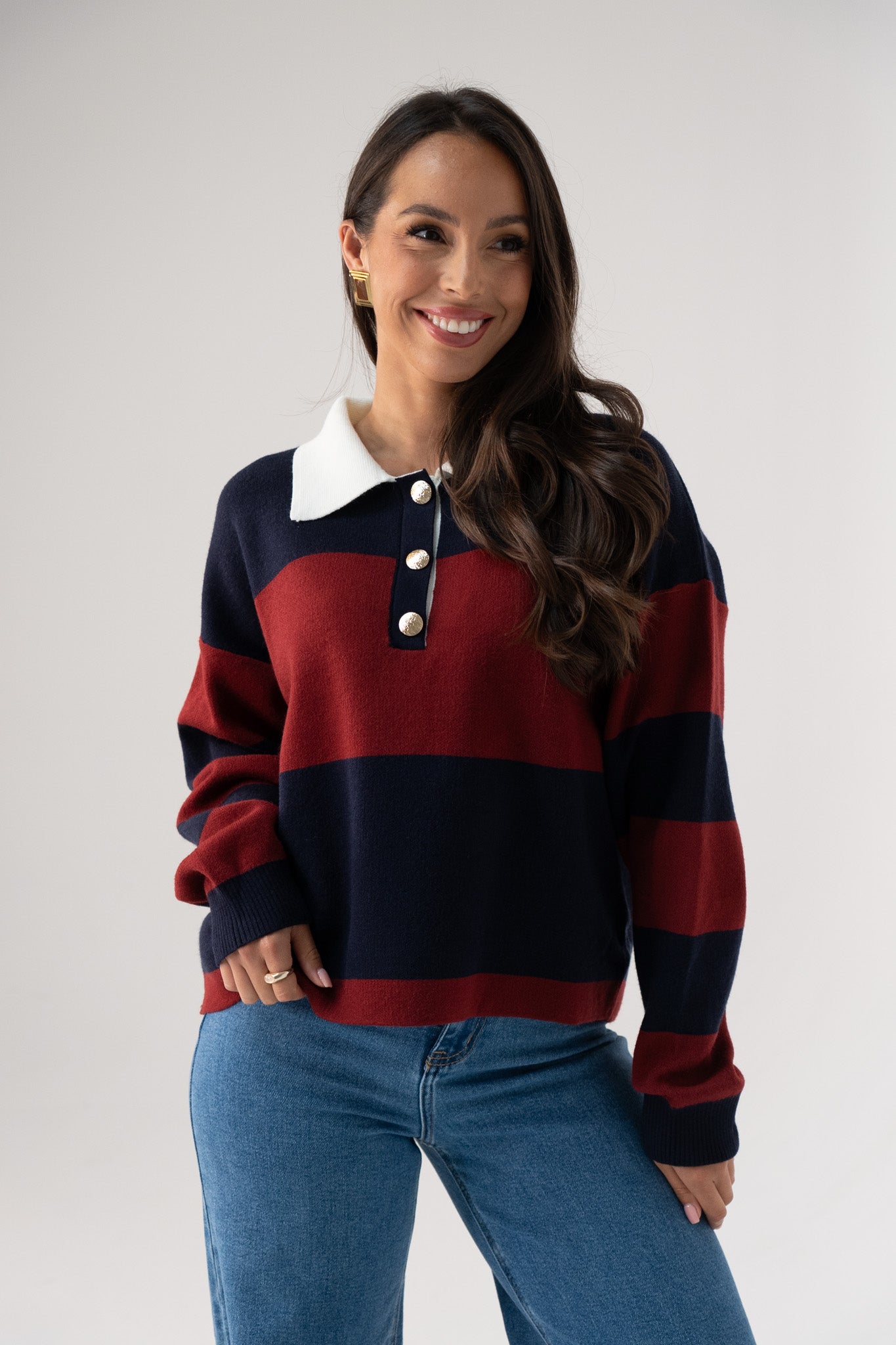 Millie Broad Stripe Rugby Top In Navy & Red